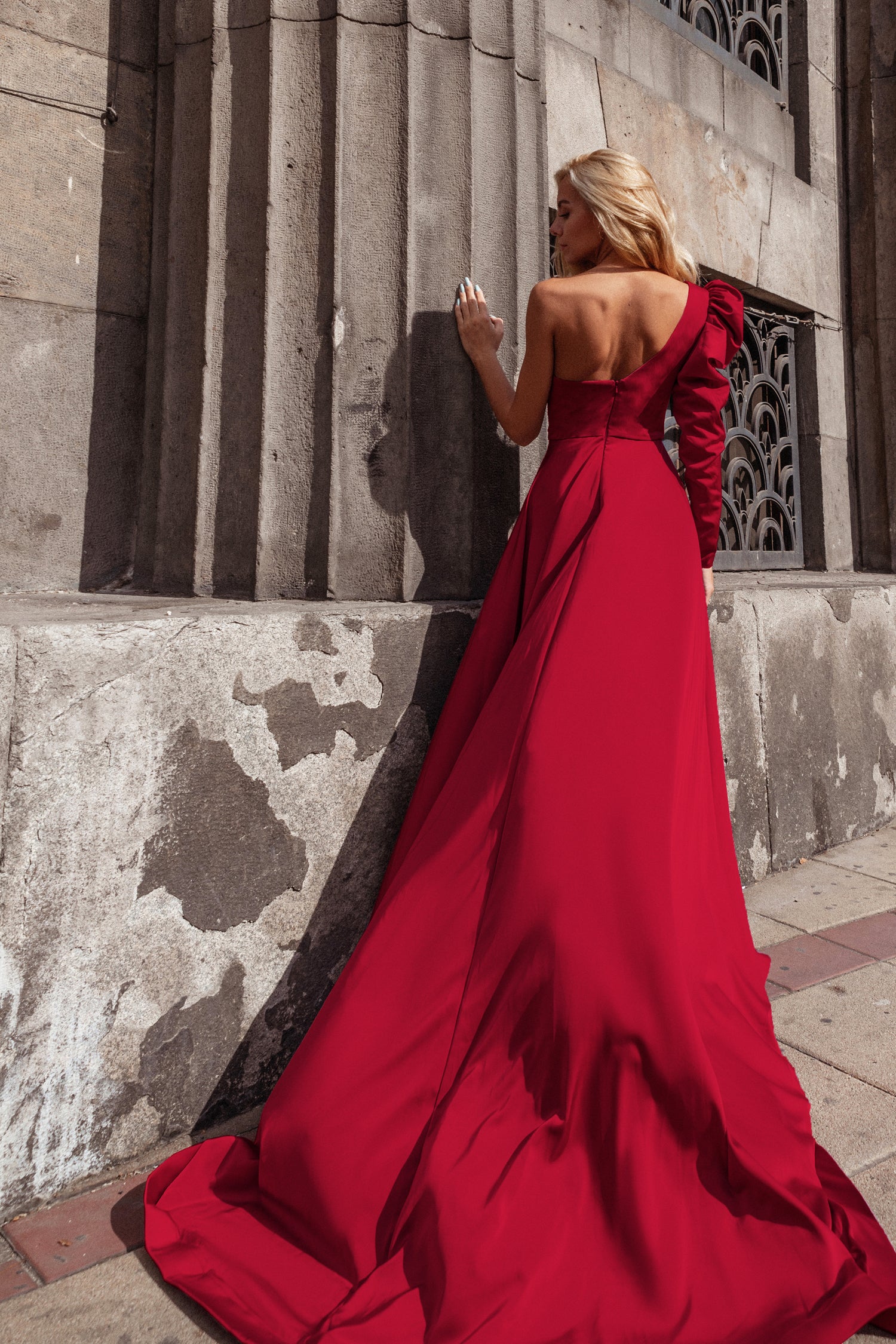 TINA HOLLY COUTURE TK333 Ruby Red gown with asymmetrical neckline and long train, formal dress for events, Brisbane to Gold Coast, Australia