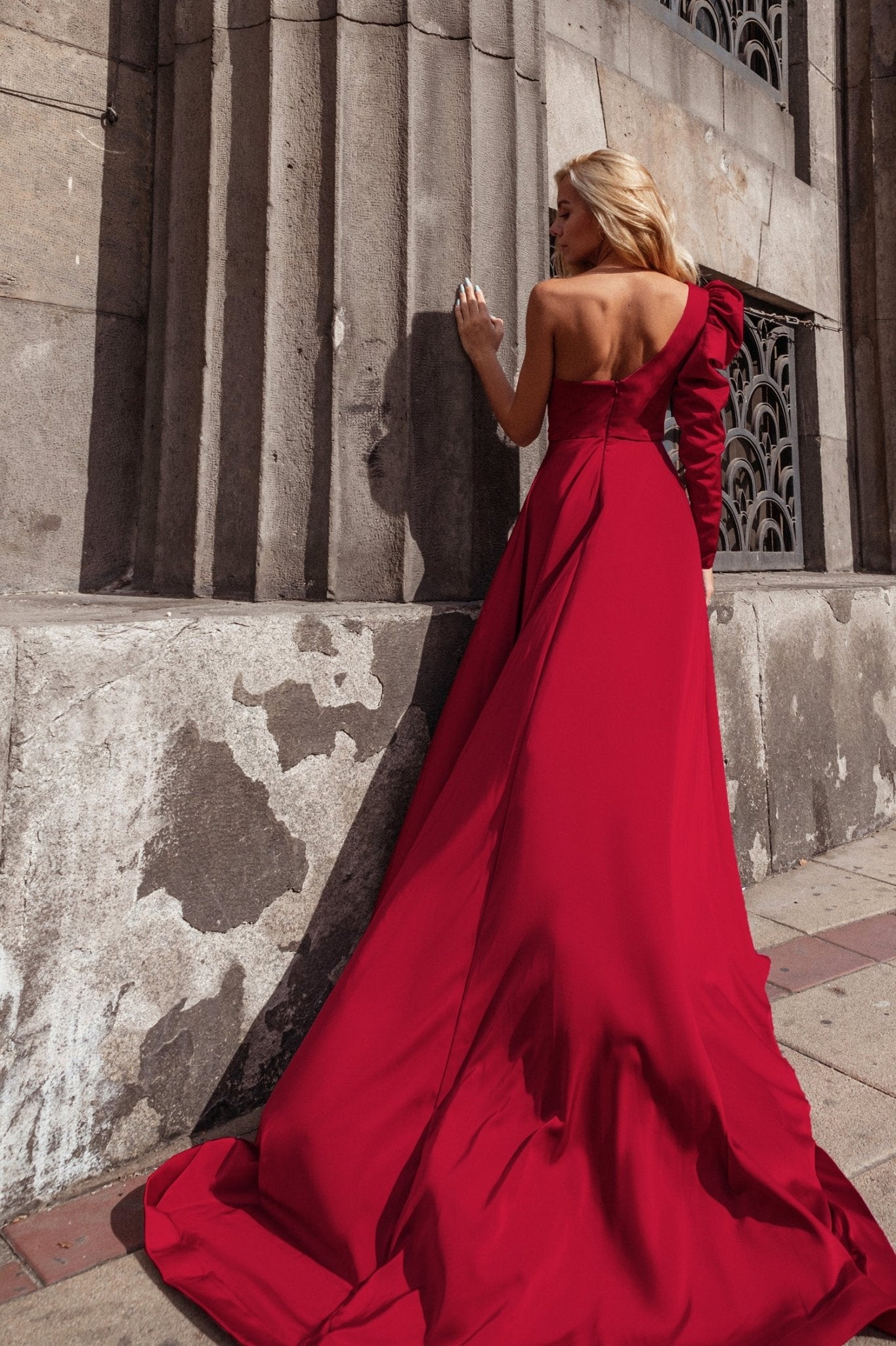 Tina Holly Couture TK333 Ruby Red With Asymmetrical Neckline And A Side Slit Formal Dress in Australia | One Honey Boutique