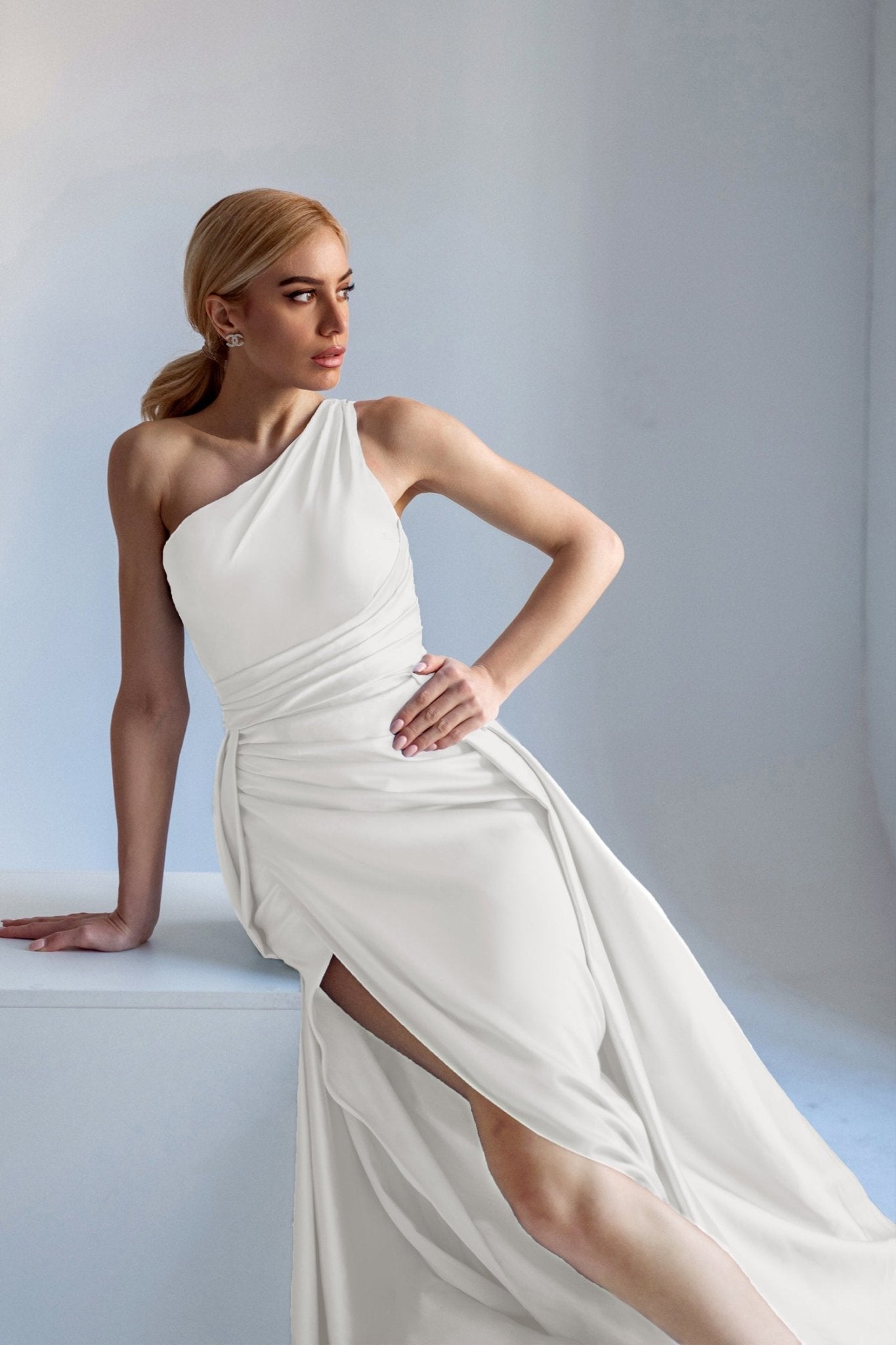 Tina Holly Couture TK888 Off White Silk Satin Asymmetrical Neck Line With A Ruched Side And High Leg Spilt Formal Dress in Australia | One Honey Boutique