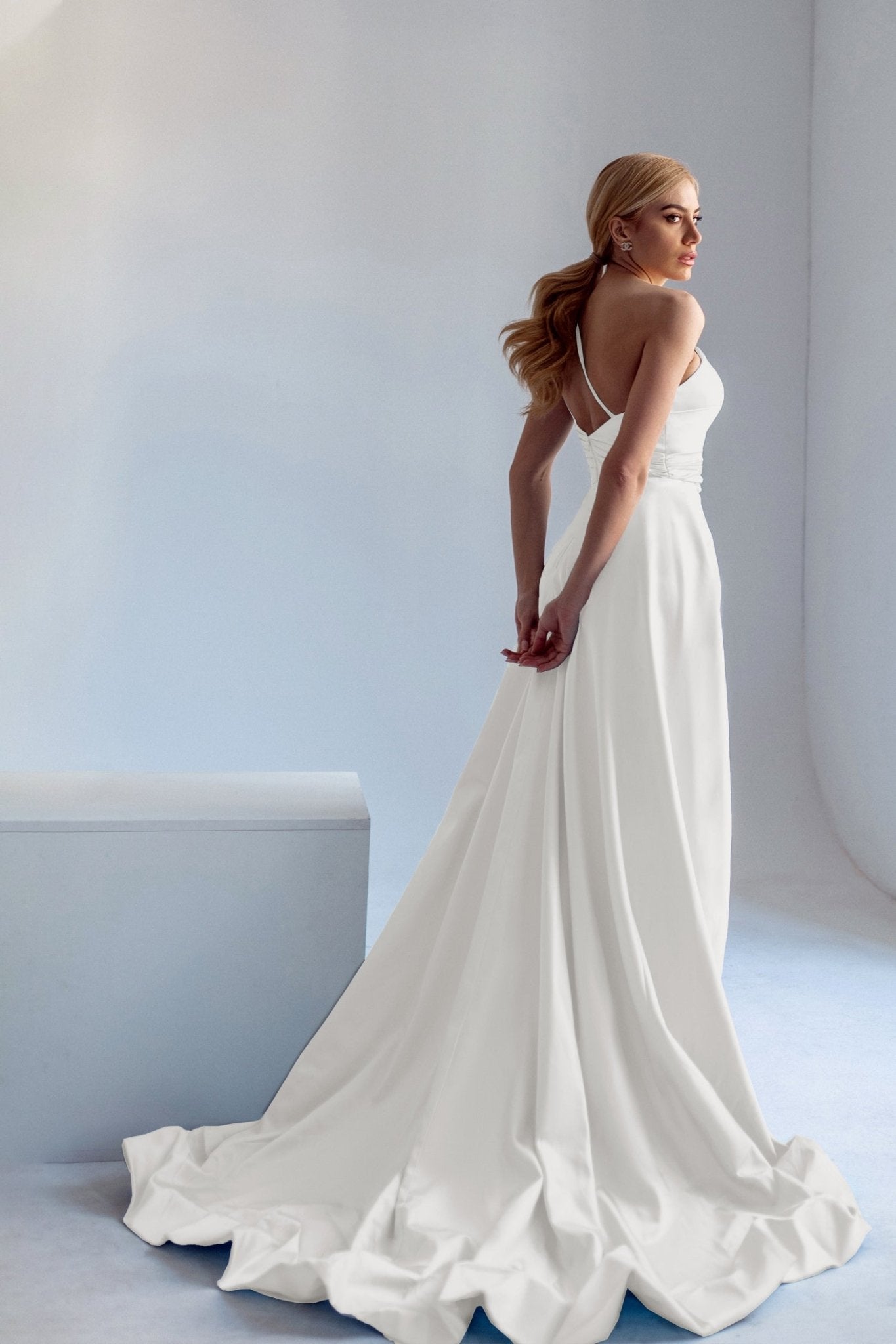 Tina Holly Couture TK888 Off White Silk Satin Asymmetrical Neck Line With A Ruched Side And High Leg Spilt Formal Dress in Australia | One Honey Boutique