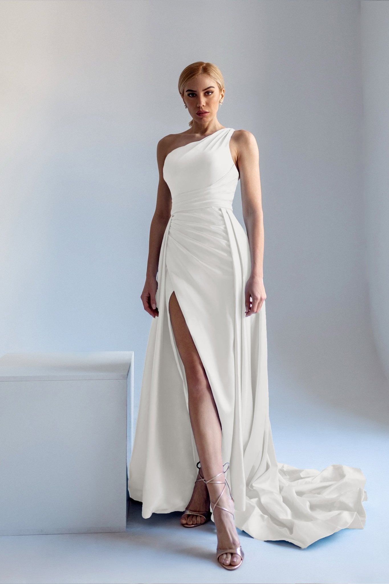 Tina Holly Couture TK888 Off White Silk Satin Asymmetrical Neck Line With A Ruched Side And High Leg Spilt Formal Dress Off White / 16 AUS Tina Holly Couture TK888 Off White Silk Satin Asymmetrical Neck Line With A Ruched Side And High Leg Spilt Formal Dress Off White / 16 AUS