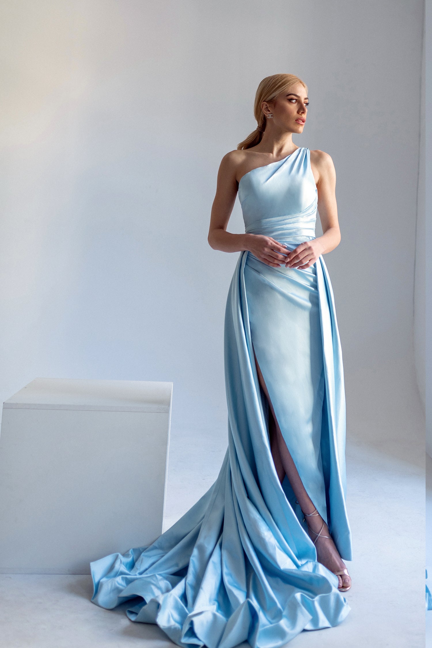 Tina Holly Couture TK888 Ice Blue Silk Satin Asymmetrical Neck Line With A Ruched Side And High Leg Spilt Formal Dress