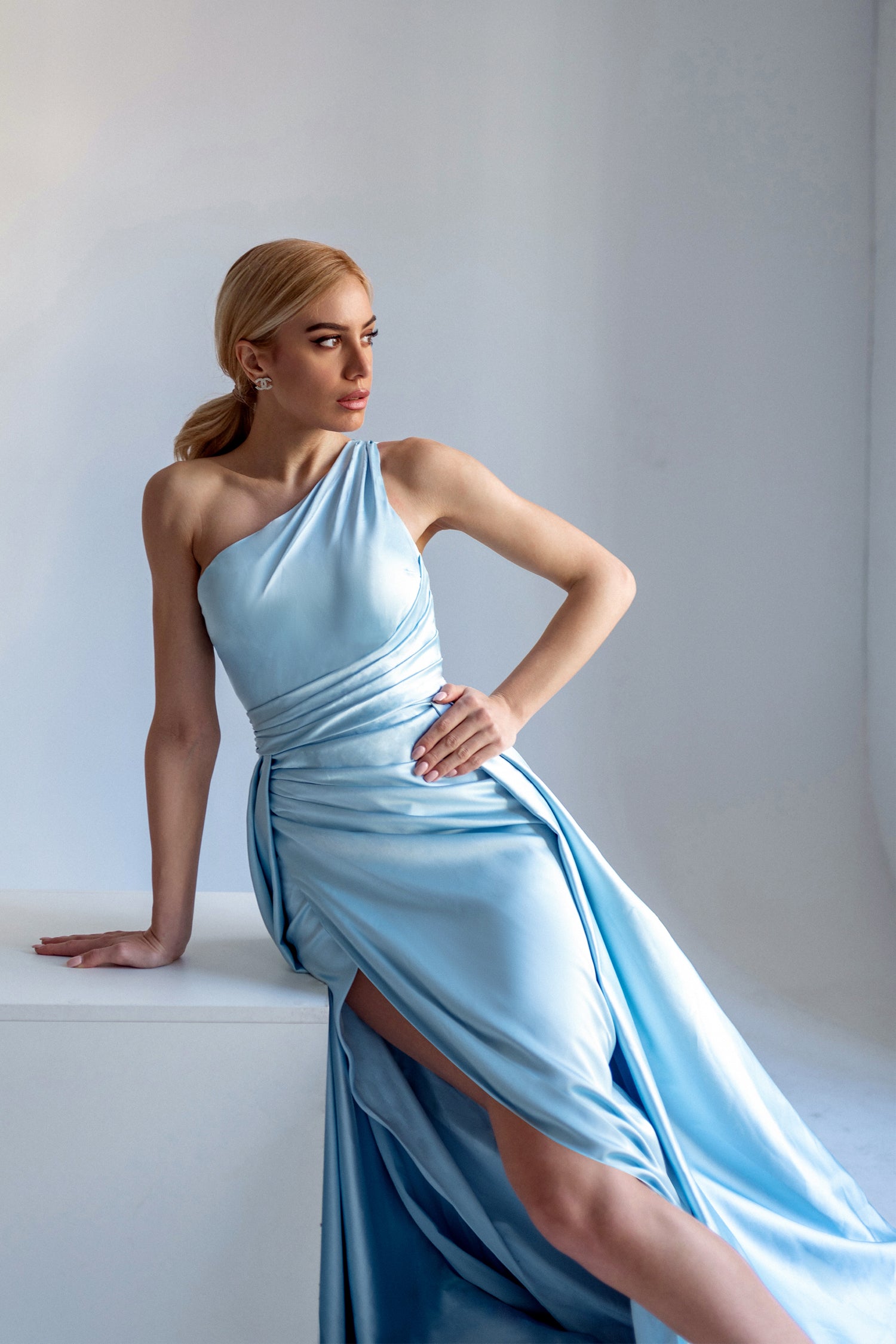 Tina Holly Couture TK888 Ice Blue Silk Satin Asymmetrical Neck Line With A Ruched Side And High Leg Spilt Formal Dress