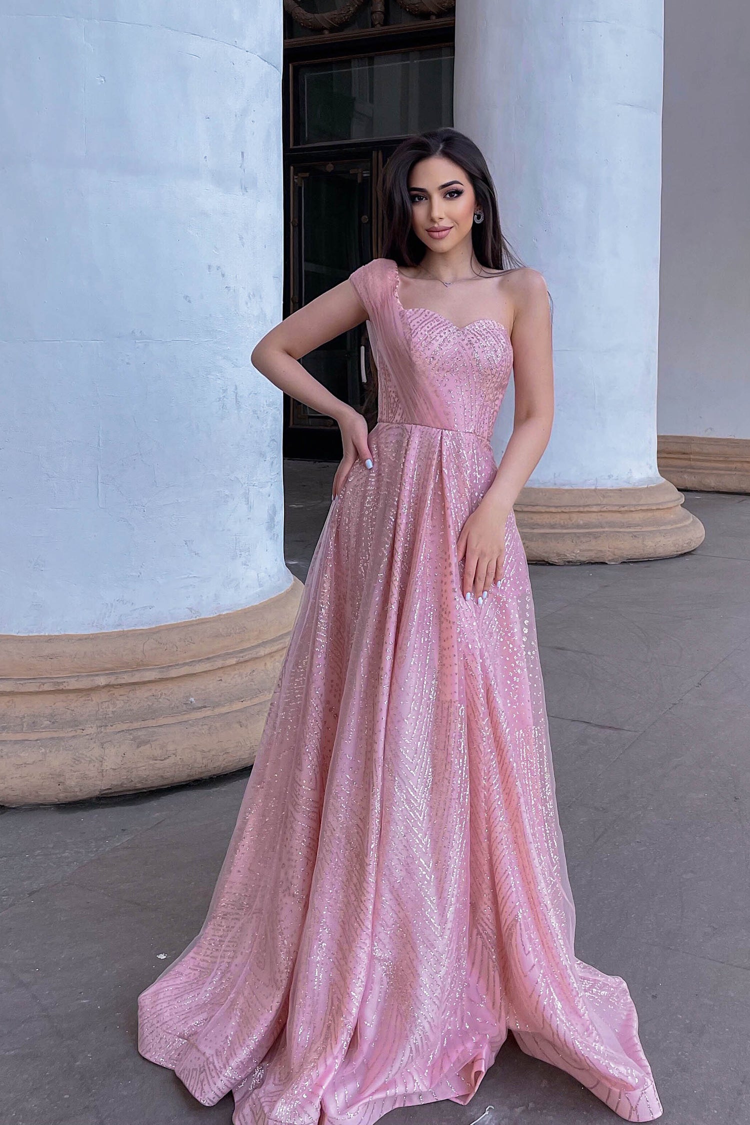 TQ036 Rose Pink Glitter One Shoulder Formal Gown with padded cups, perfect as a school formal dress. Brisbane to Gold Coast.