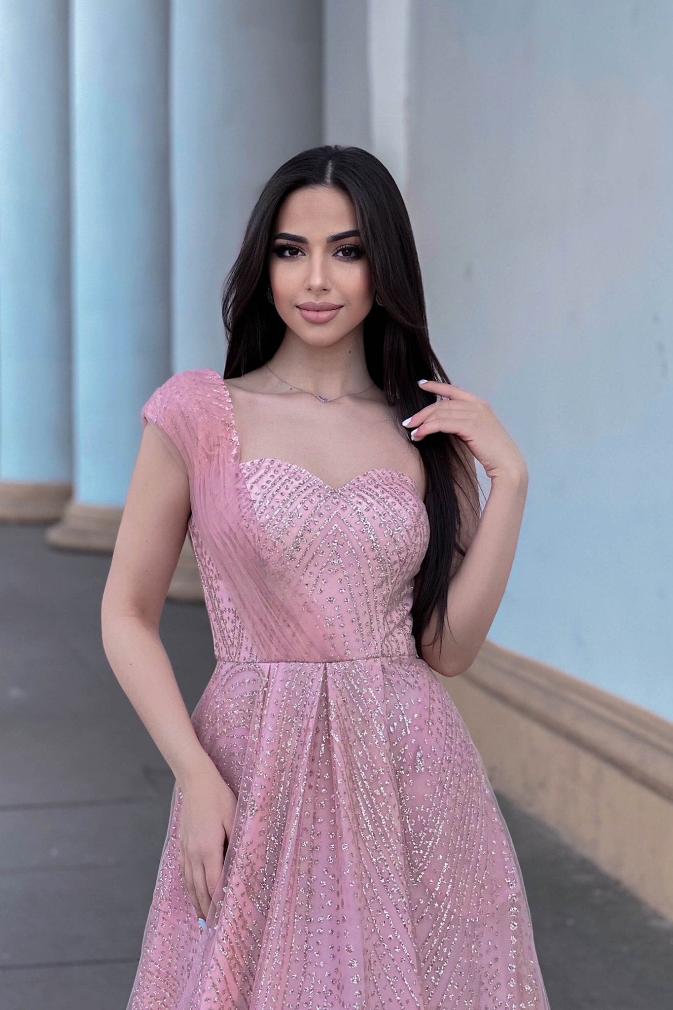 Tina Holly Couture Designer TQ036 Rose Pink Glitter One Shoulder Formal Gown in Australia | One Honey Boutique