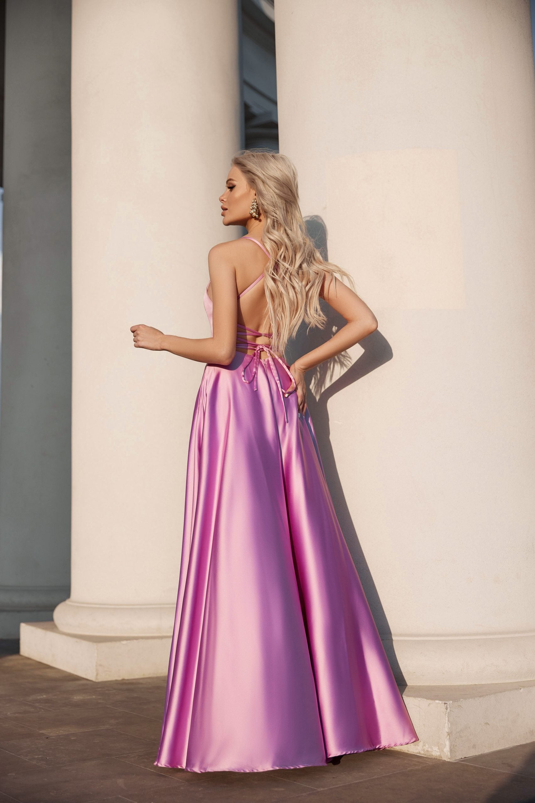 TINA HOLLY COUTURE TW004 Pink satin prom gown with lace-up back, photographed outdoors Brisbane to Gold Coast.