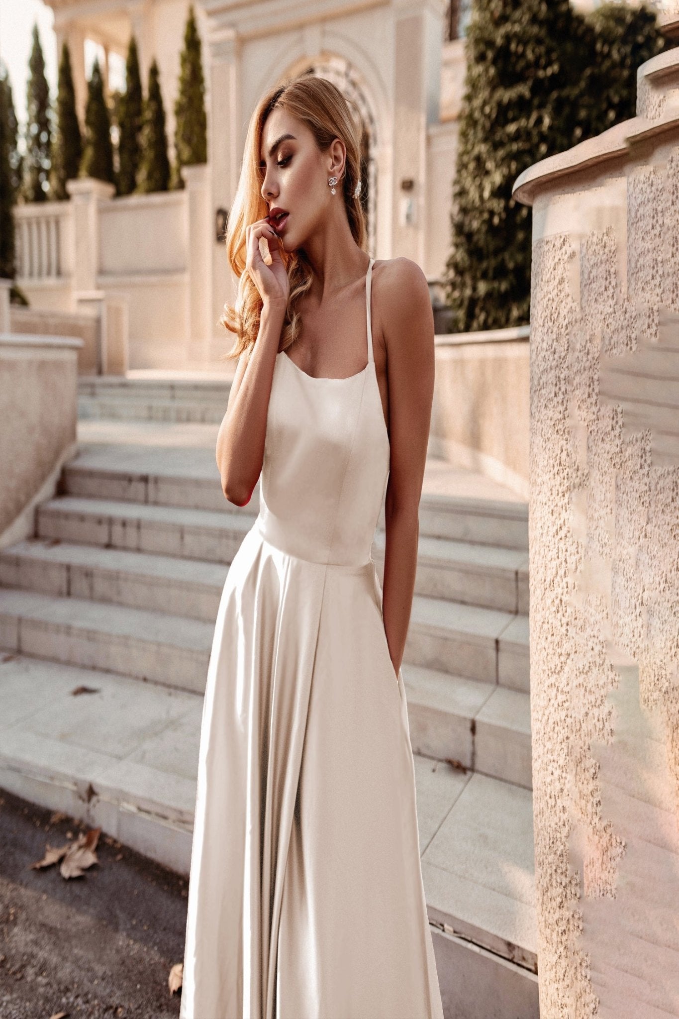 Tina Holly Couture Designer TW004 Champagne Lace Up Back Silky Satin Formal Gown in Australia | One Honey Boutique