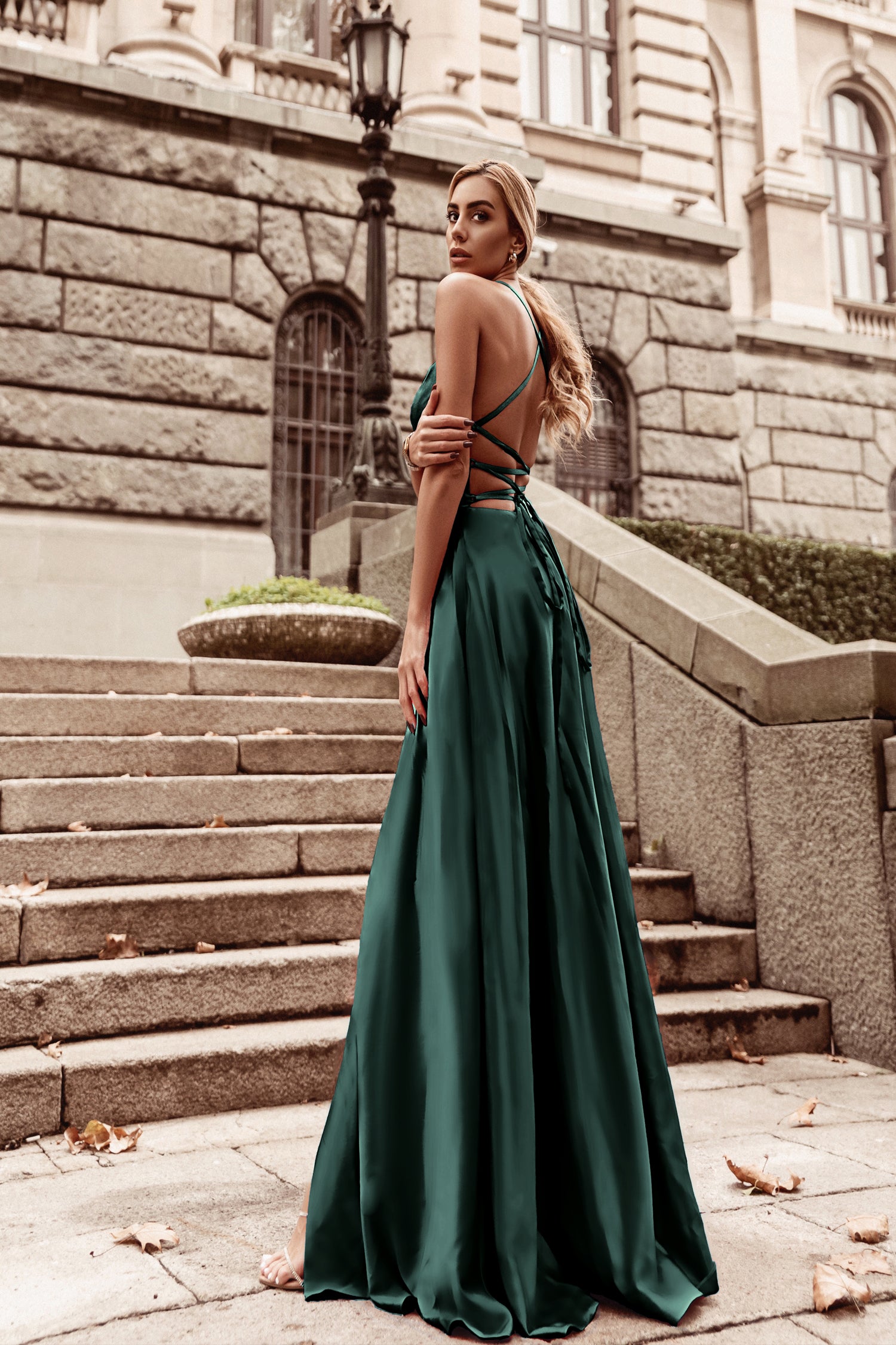 TINA HOLLY COUTURE TW004 emerald silky satin gown with lace-up back, formal dress perfect for school events or bridesmaids, Brisbane to Gold Coast.