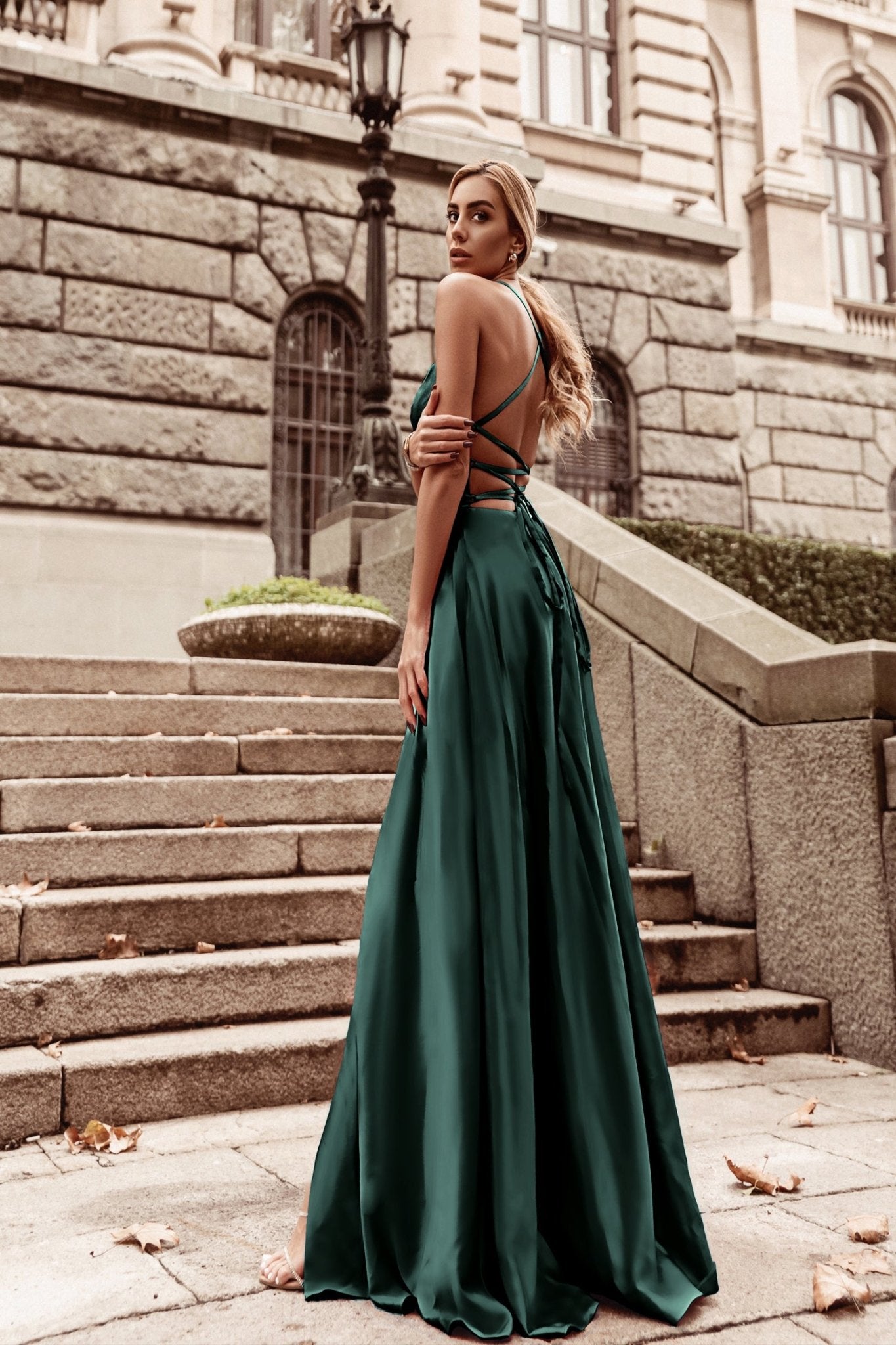 Tina Holly Couture Designer TW004 Emerald Lace Up Back Silky Satin Formal Gown in Australia | One Honey Boutique