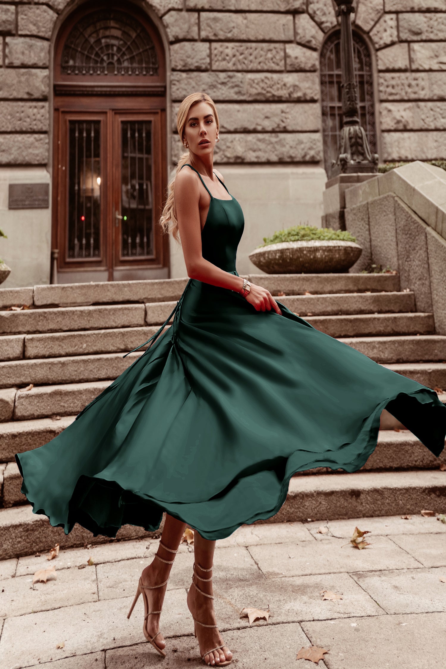 TINA HOLLY COUTURE TW004 emerald silky satin gown, lace-up back, flowing skirt, formal dress, Brisbane to Gold Coast, Australia