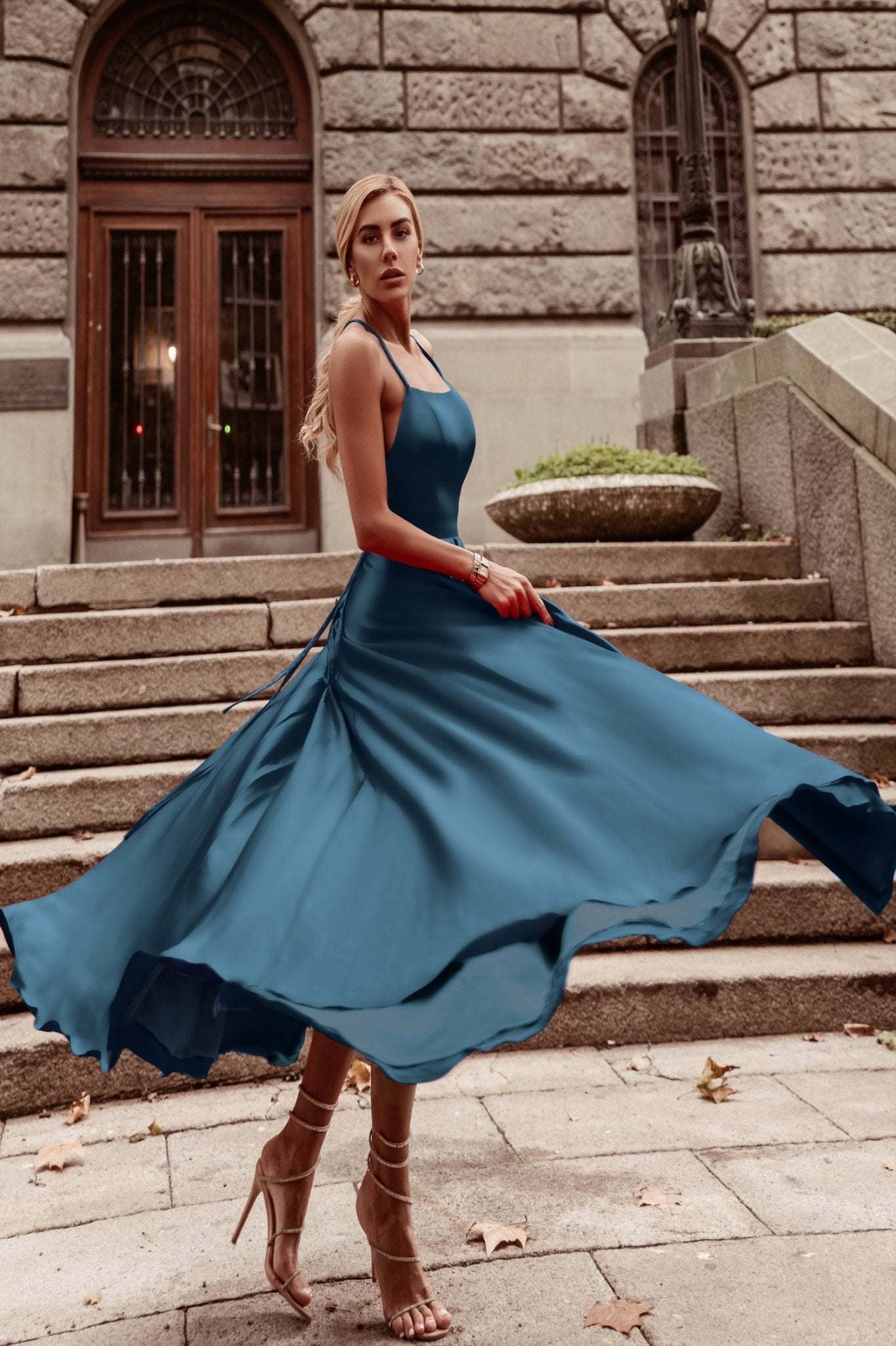 Tina Holly Couture Designer TW004 Indigo Lace Up Back Silky Satin Formal Gown in Australia | One Honey Boutique