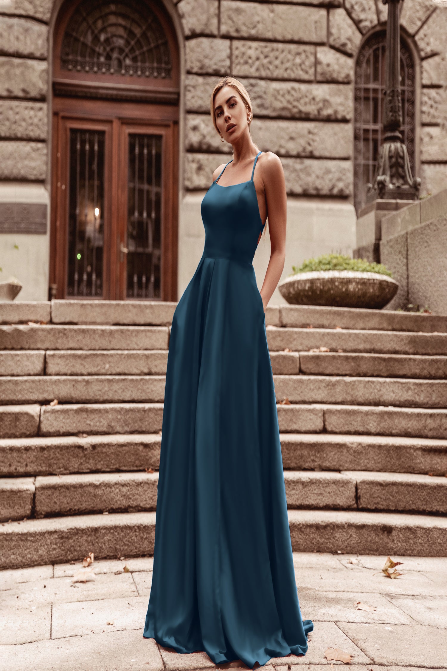 Tina Holly Couture Designer TW004 Indigo Lace Up Back Silky Satin Formal Gown