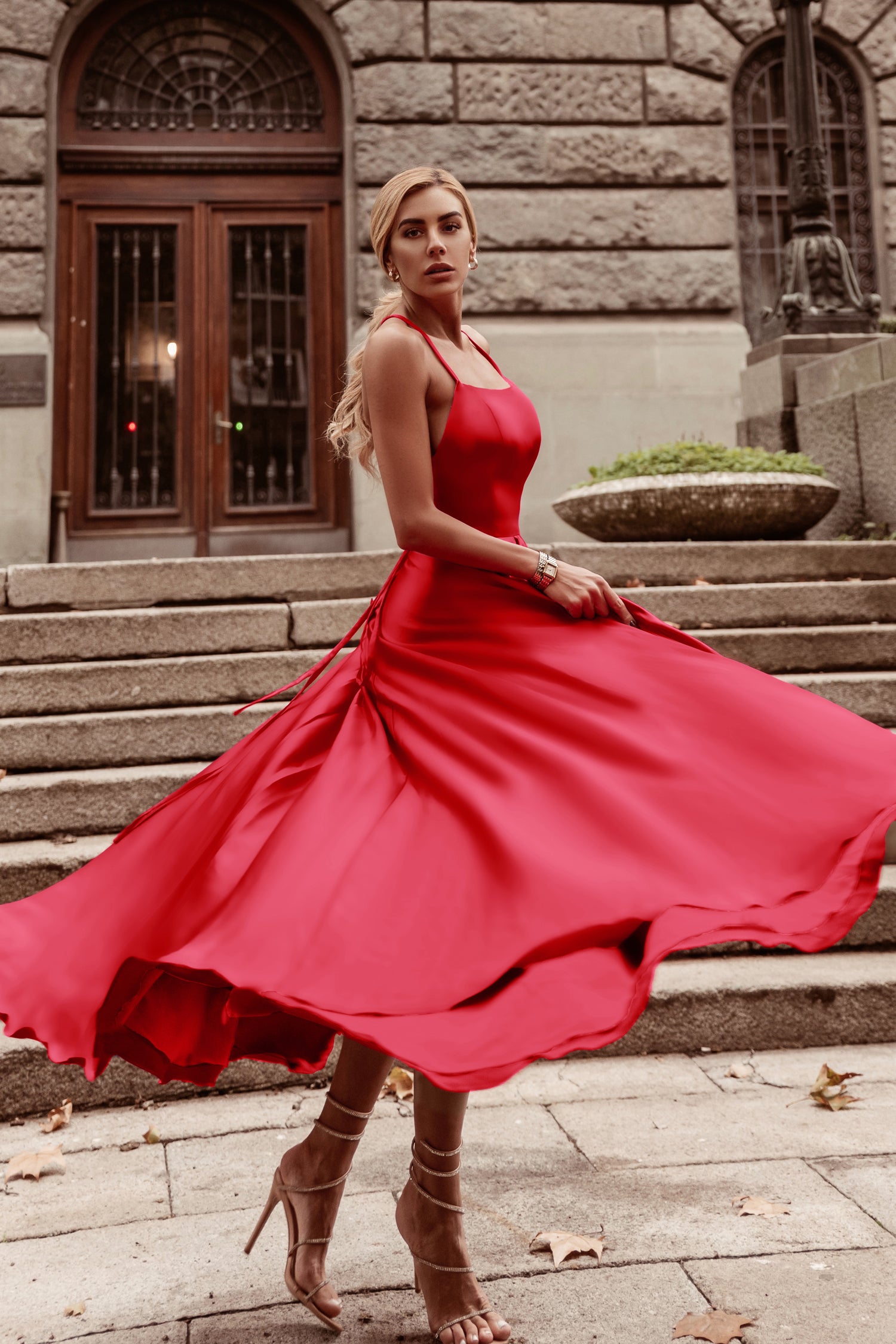TINA HOLLY COUTURE TW004 red silky satin gown with lace-up back flowy skirt formal dress Brisbane to Gold Coast