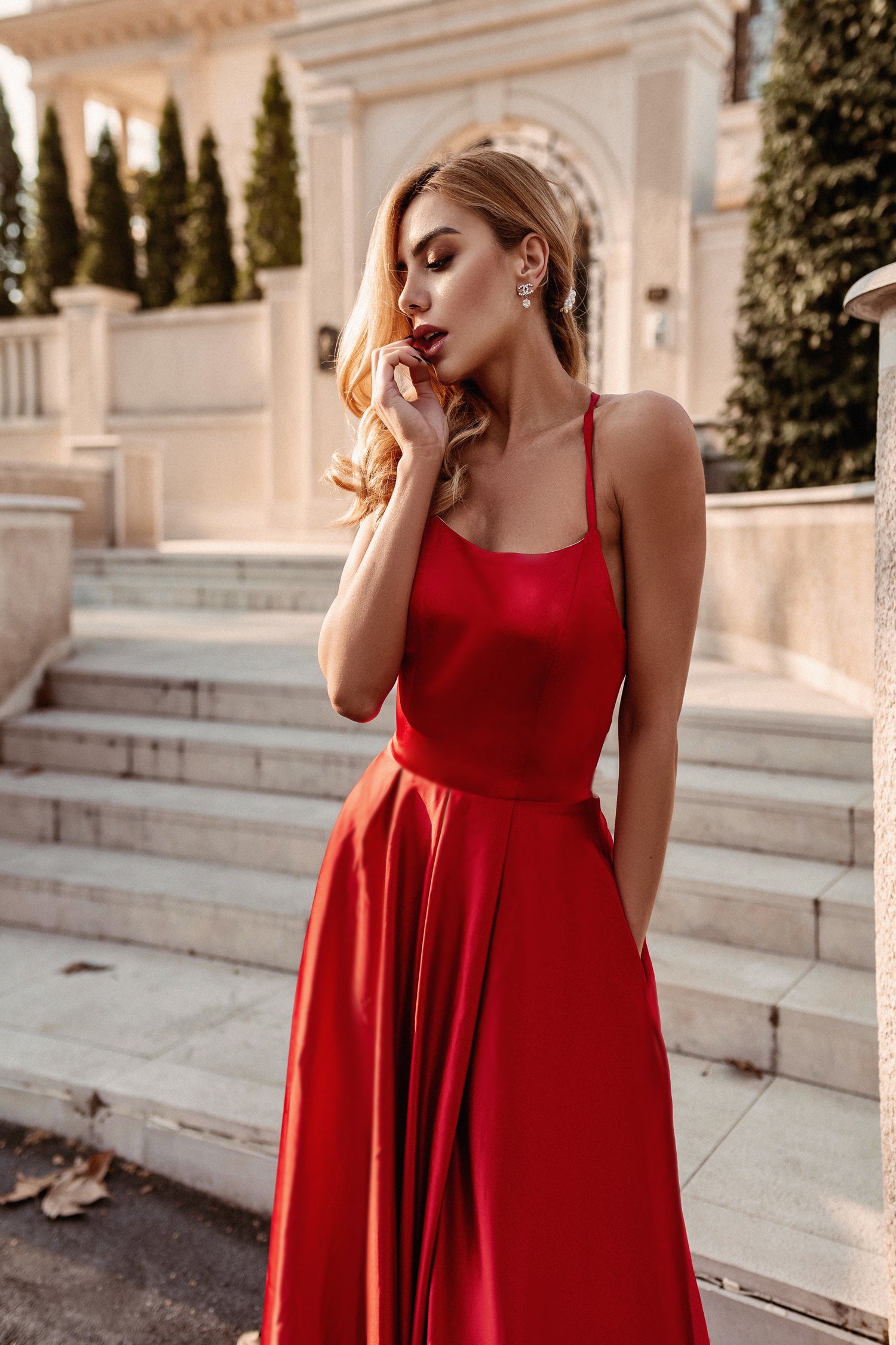 TINA HOLLY COUTURE TW004 red satin formal gown with lace-up back, leg split; perfect for school formal or bridesmaid, Brisbane to Gold Coast.
