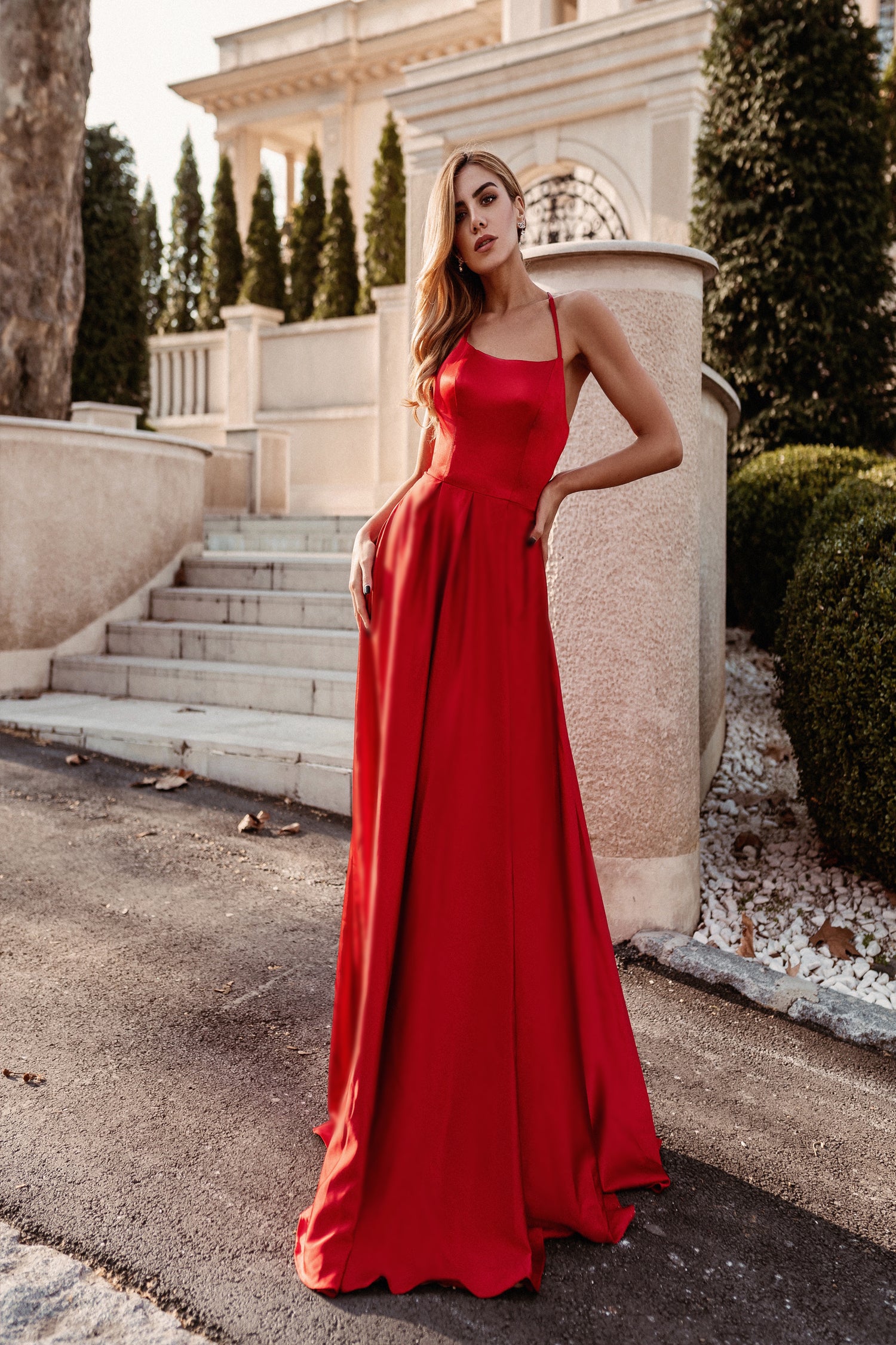 TW004 Red satin gown with lace-up back and leg split, perfect school formal dress. Tina Holly Couture. Brisbane to Gold Coast, Australia.