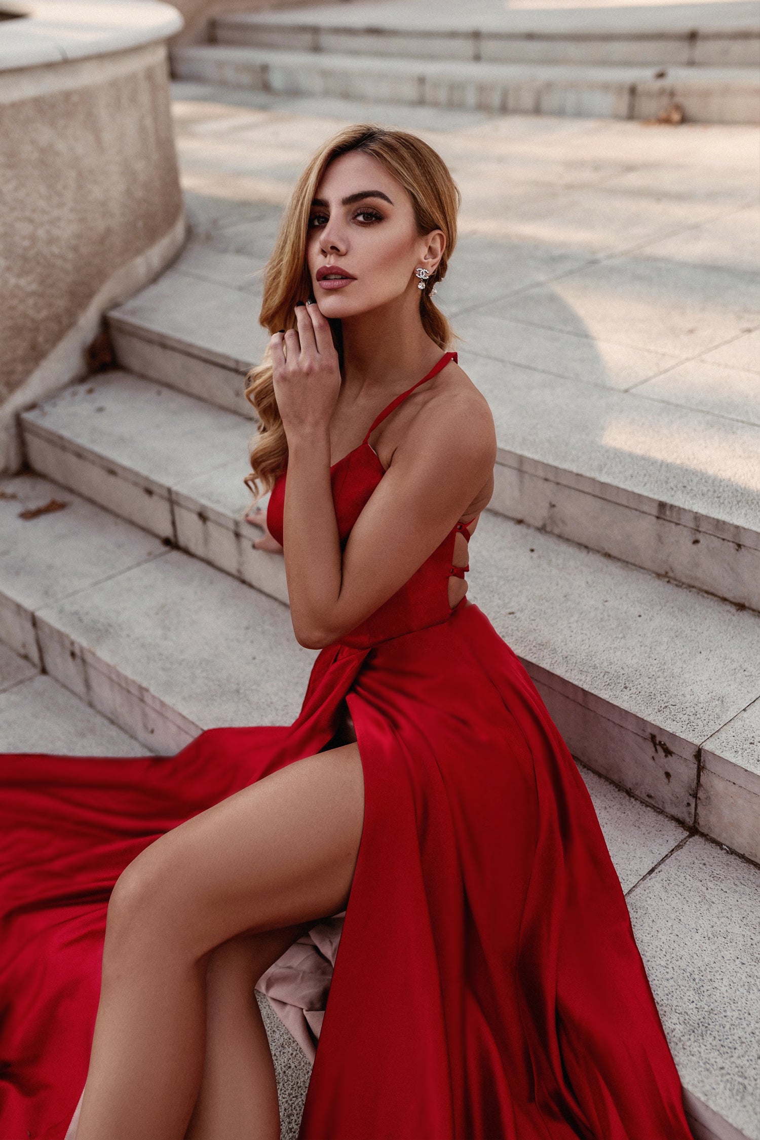 TINA HOLLY COUTURE TW004 red silky satin gown with lace-up back, leg slit, formal dress, Brisbane to Gold Coast, Australia.