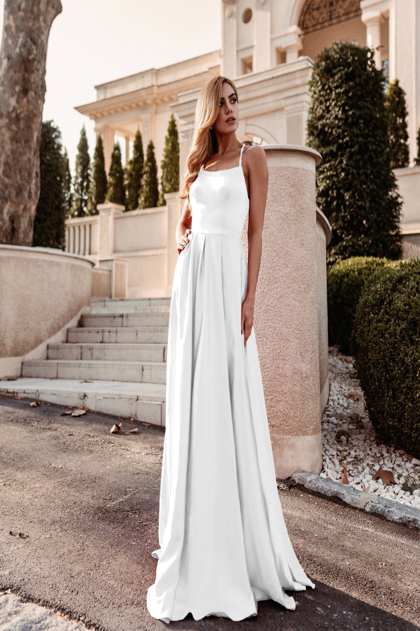 Tina Holly Couture TW004 White Square Neckline, Lace Up Back Front Slit Wedding Dress in Australia | One Honey Boutique