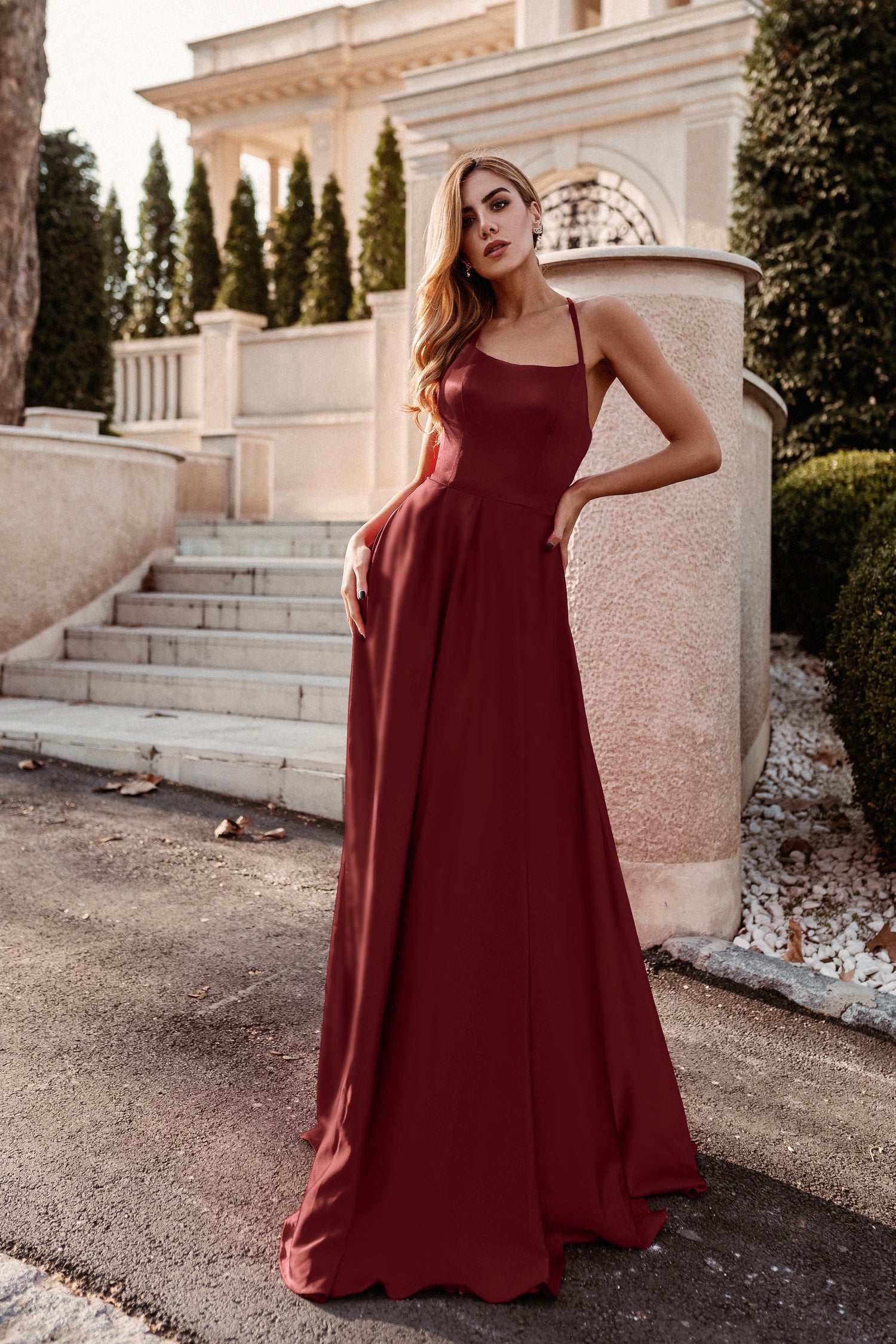 TINA HOLLY COUTURE TW004 Wine Lace Up Satin School Formal Dress, Pocket Detail, Brisbane to Gold Coast