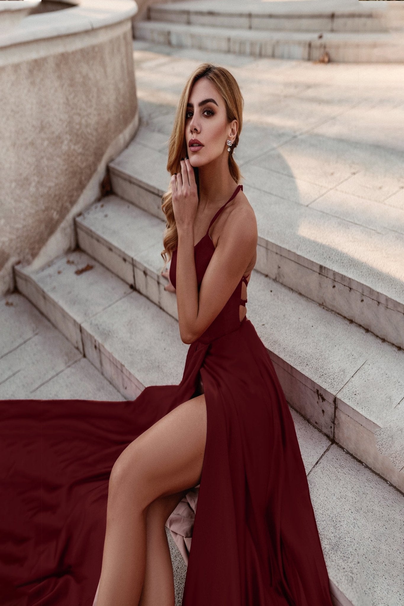 Tina Holly Couture Designer TW004 Wine Lace Up Back Silky Satin Formal Gown in Australia | One Honey Boutique