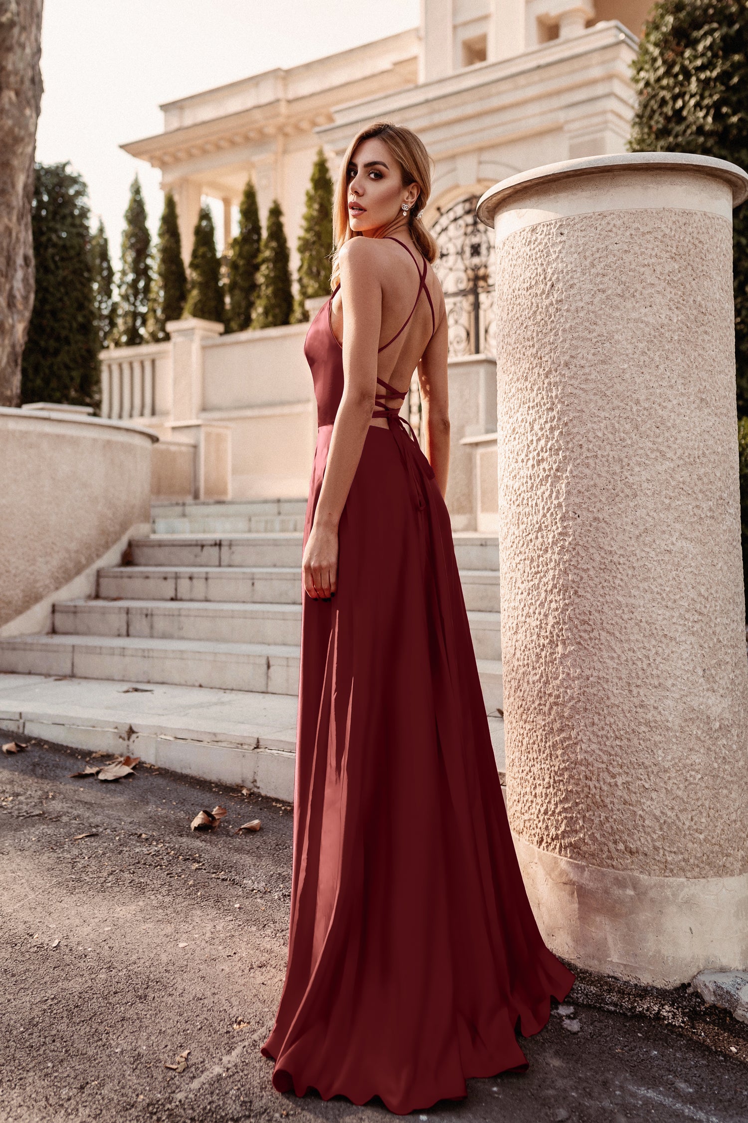 TINA HOLLY COUTURE TW004 wine satin formal gown with lace-up back, school formal dress Brisbane to Gold Coast, Australia