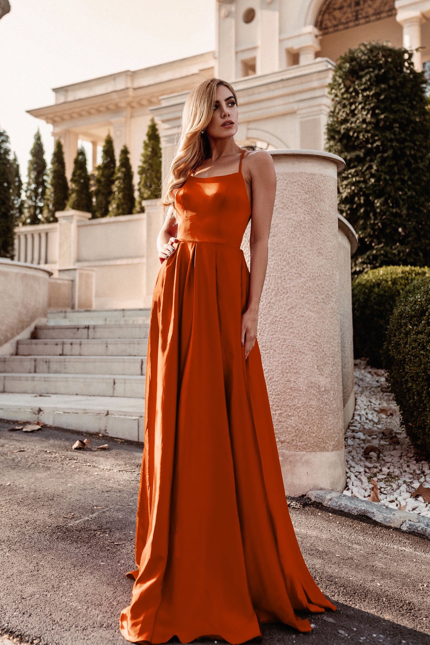 TINA HOLLY COUTURE TW004 Golden rust satin school formal dress with lace-up back, Brisbane to Gold Coast, Australia