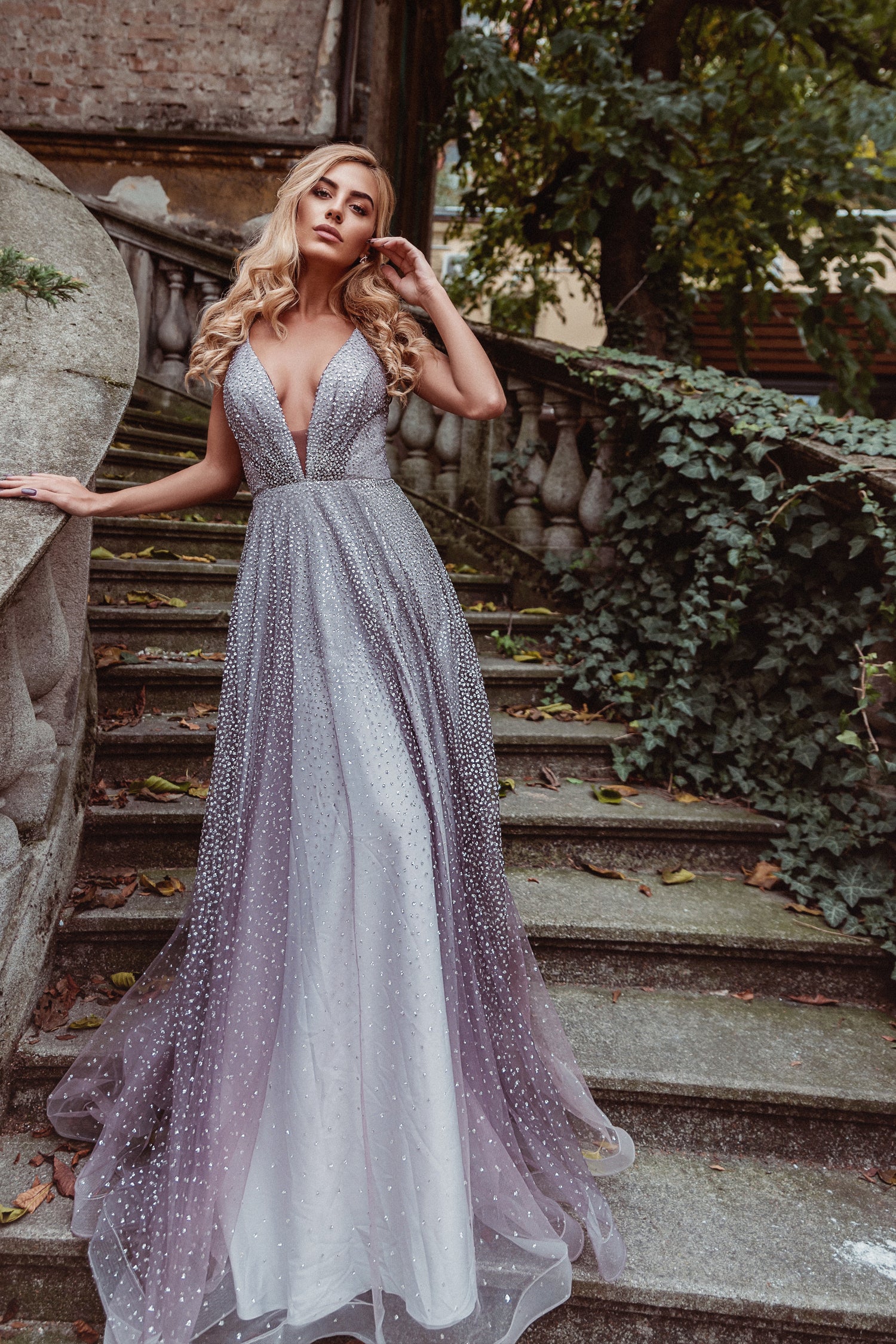TINA HOLLY COUTURE TW020 Purple Shimmer Deep V Dress with Metallic Stars, school formal dress Brisbane to Gold Coast, Australia