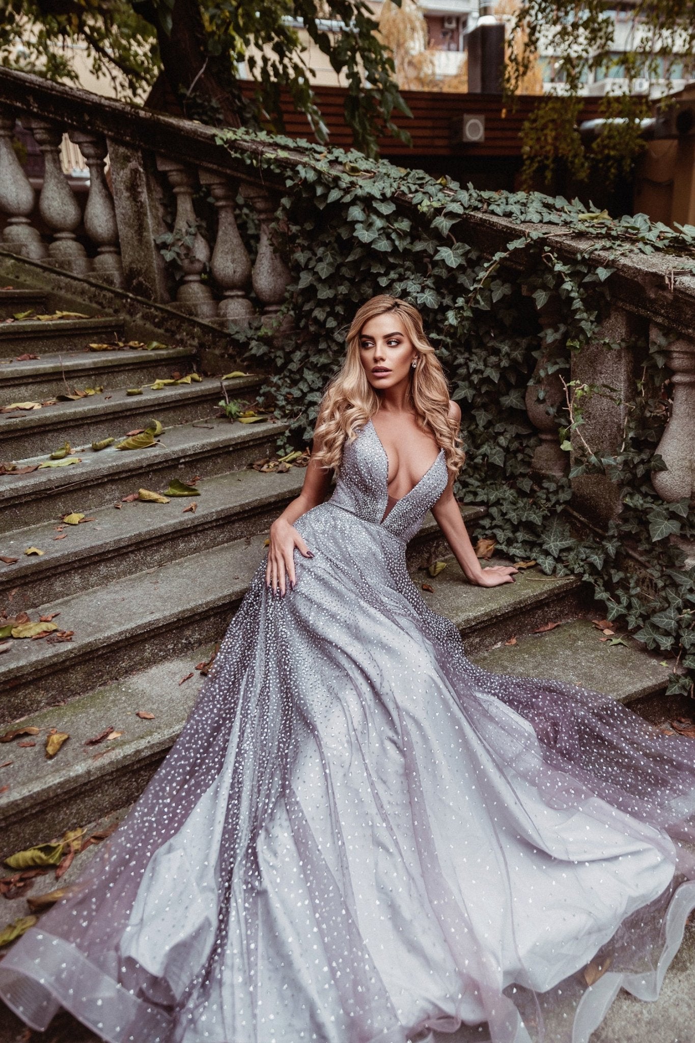 Tina Holly Couture TW020 Musk Purple Shimmer Deep V Front Formal Dress in Australia | One Honey Boutique