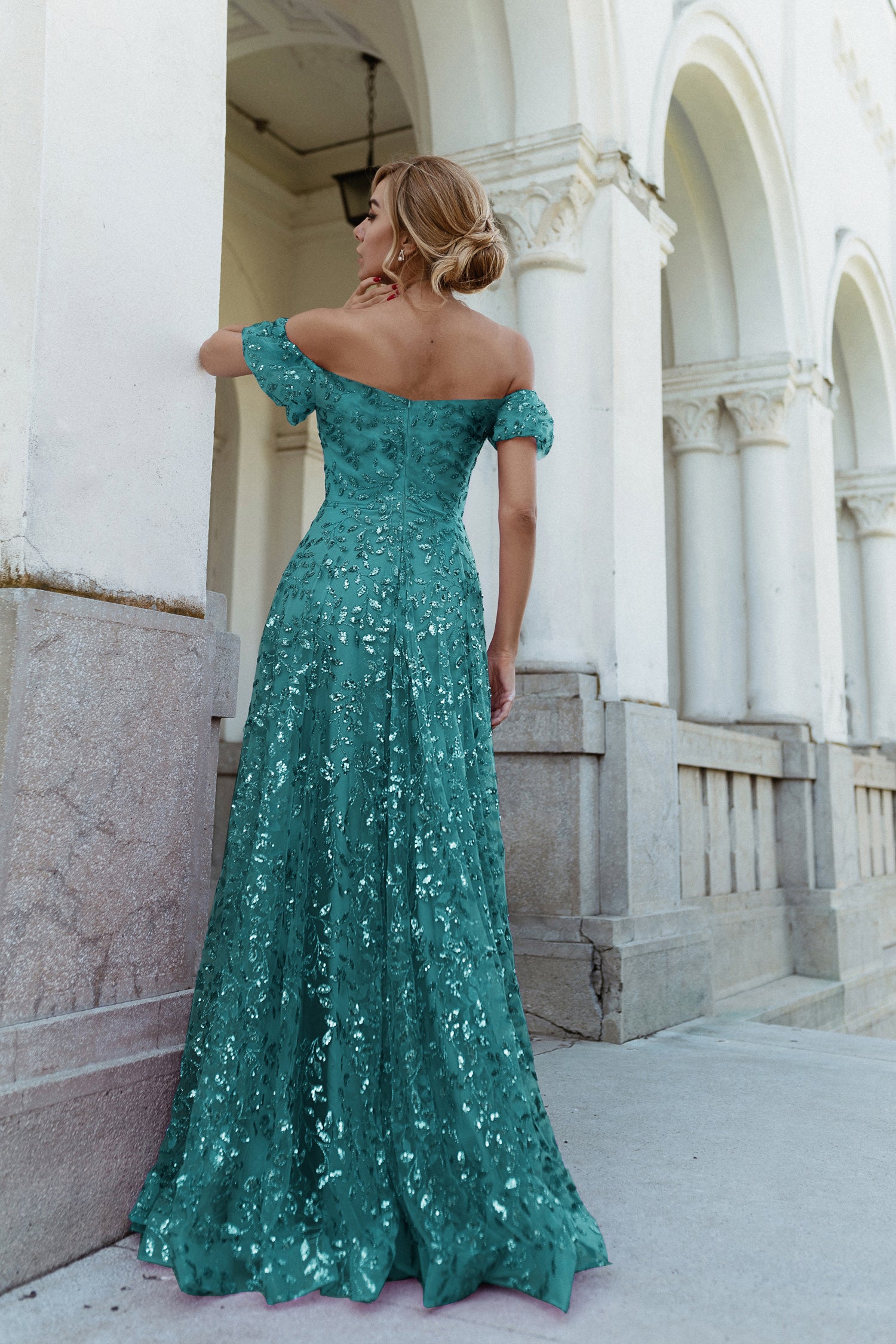 TINA HOLLY COUTURE TW023 Teal Green Off Shoulder Ruffle School Formal Dress, Brisbane to Gold Coast, Australia