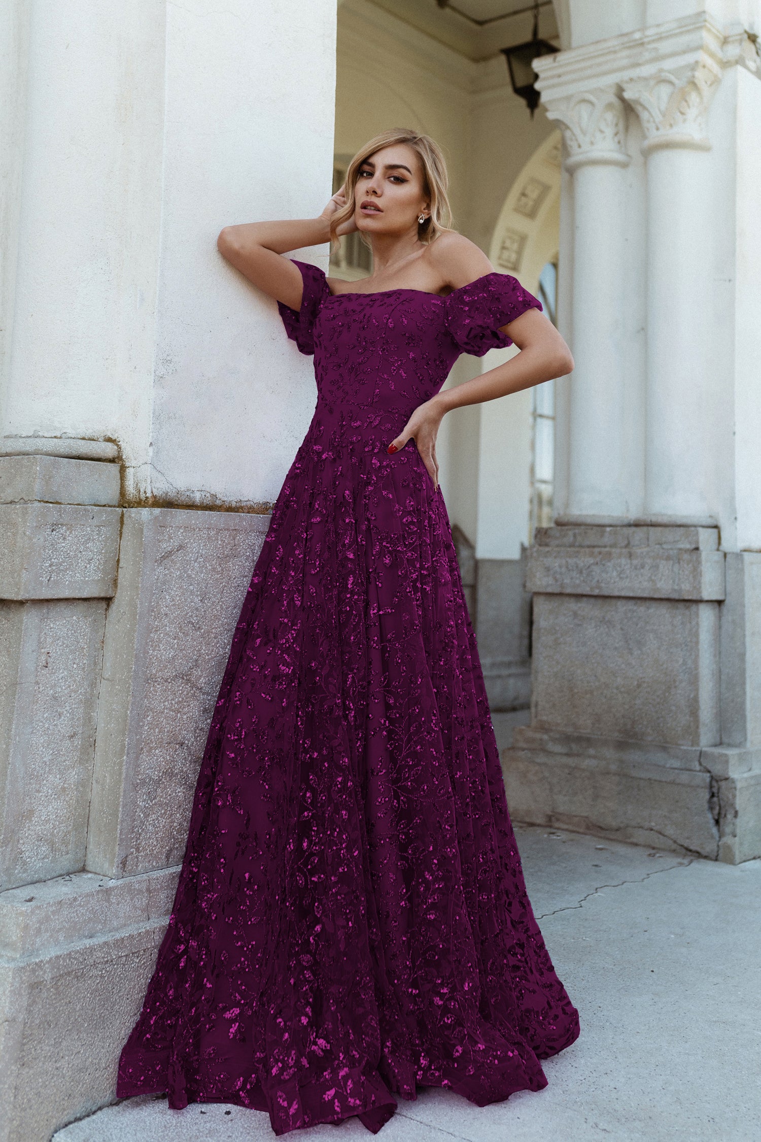 TINA HOLLY COUTURE TW023 Plum off-shoulder gown with ruffle sleeves, perfect for formal events, Brisbane to Gold Coast, Australia.