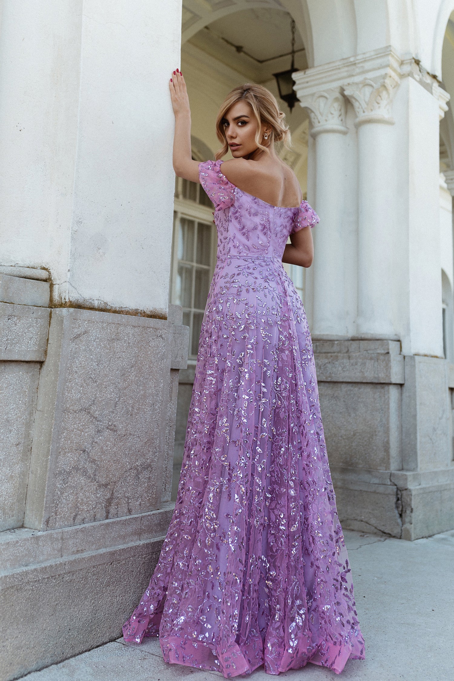 TINA HOLLY COUTURE TW023 lilac off shoulder dress with ruffle sleeves, elegant formal gown Brisbane to Gold Coast Australia