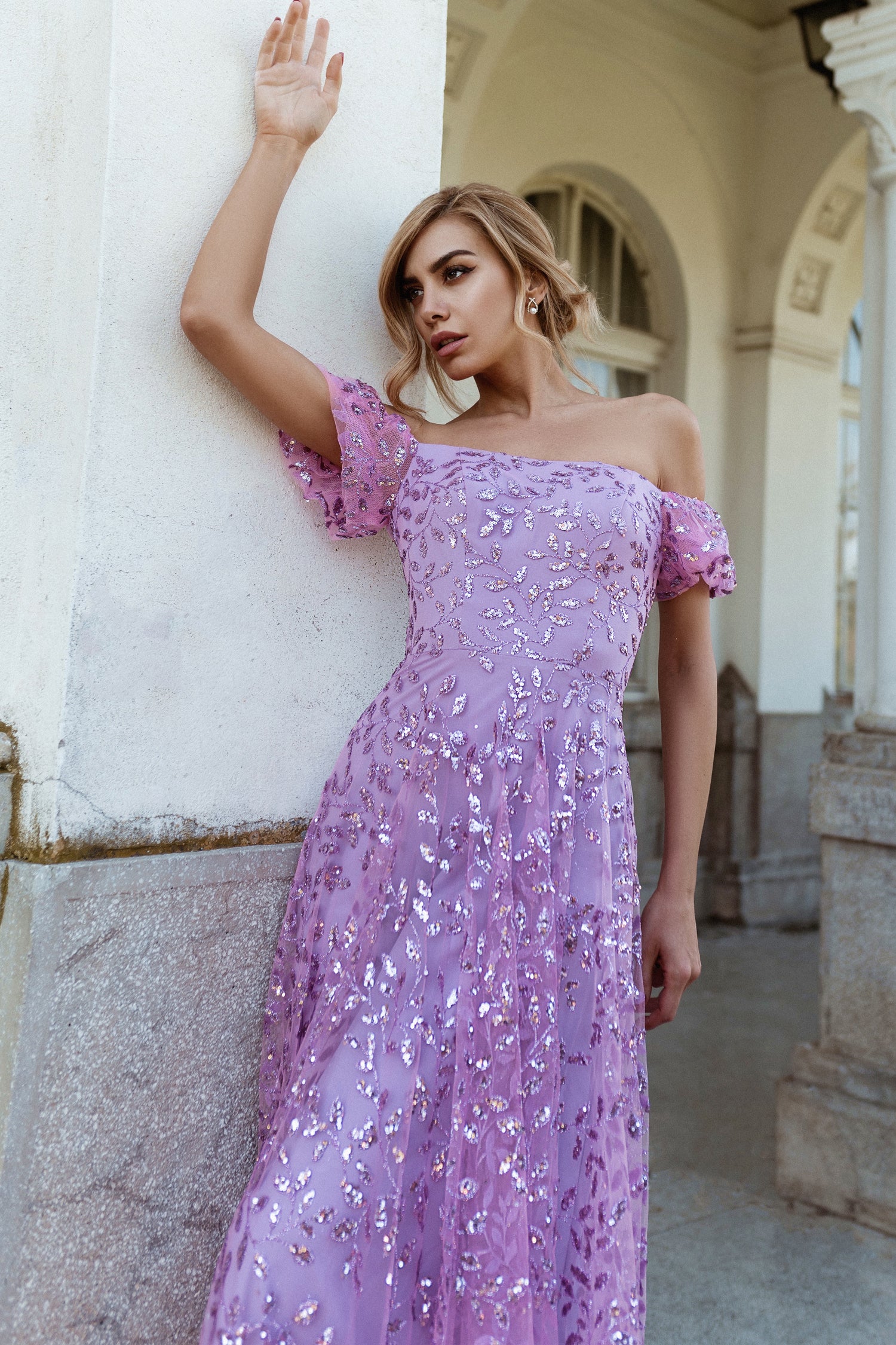 TINA HOLLY COUTURE TW023 lilac off shoulder dress with floral embellishments, formal gown Brisbane to Gold Coast