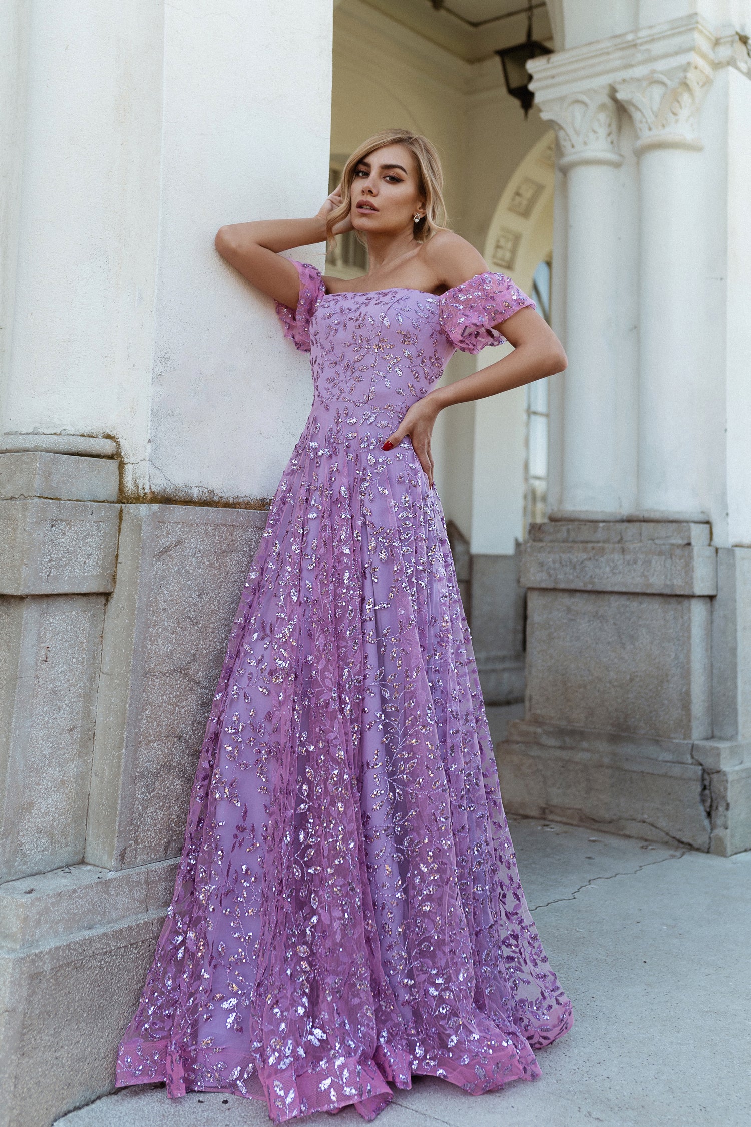 TINA HOLLY COUTURE TW023 Lilac off-shoulder formal dress with ruffle sleeves, A-line silhouette, Brisbane to Gold Coast, Australia.