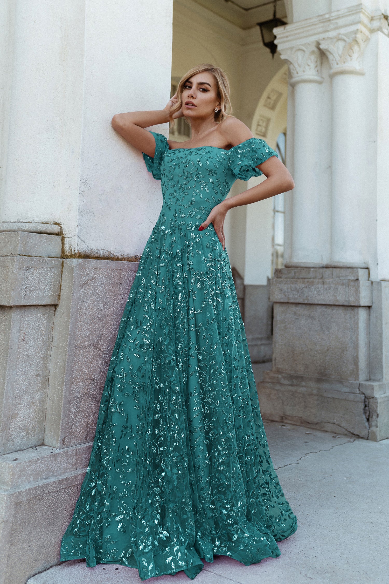 TINA HOLLY COUTURE TW023 Teal Green Off Shoulder Dress with Ruffle Sleeves for Formal Events, Brisbane to Gold Coast, Australia