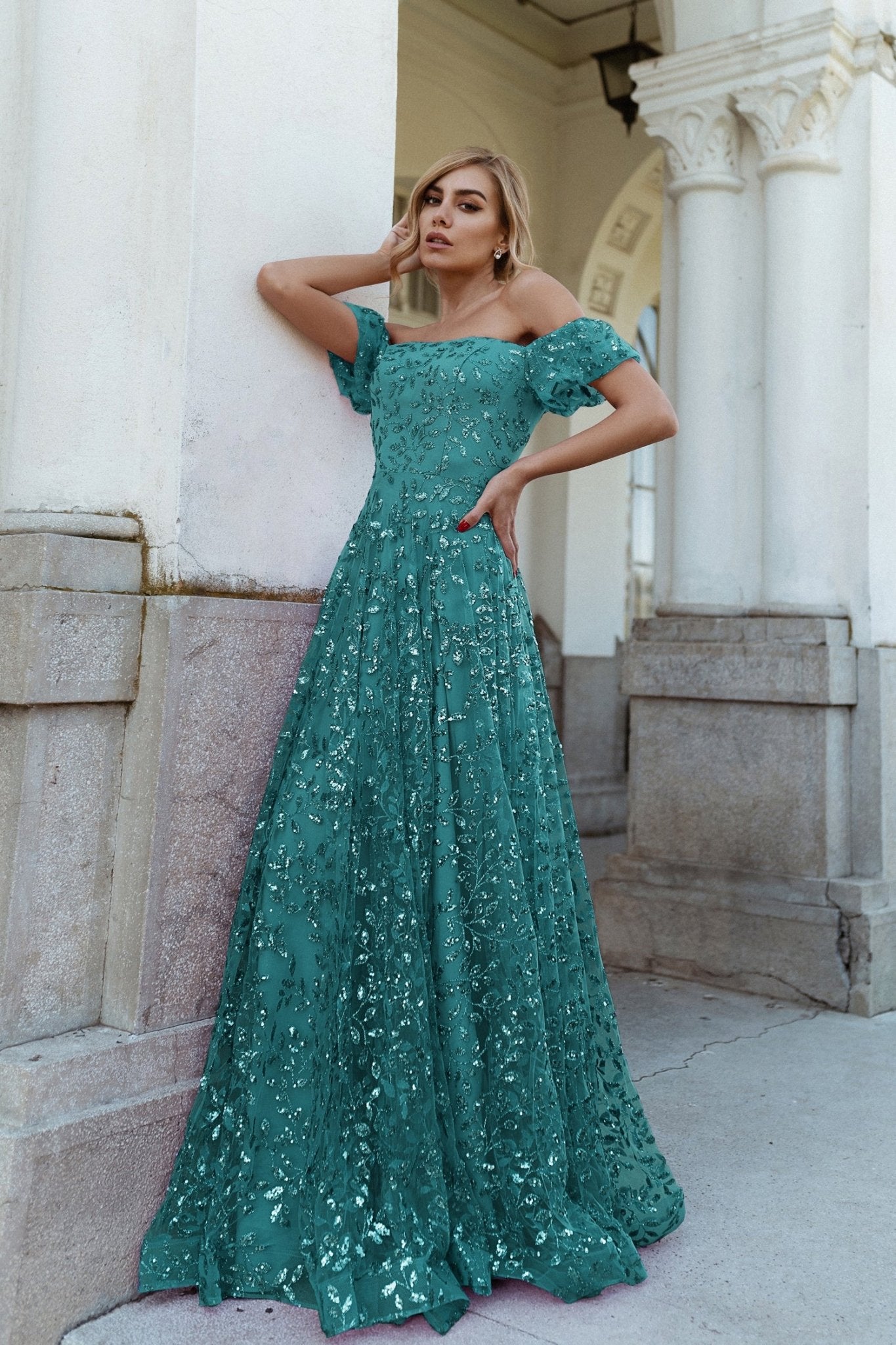 Tina Holly Couture TW023 Teal Green Off Shoulder A Line Formal Dress in Australia | One Honey Boutique