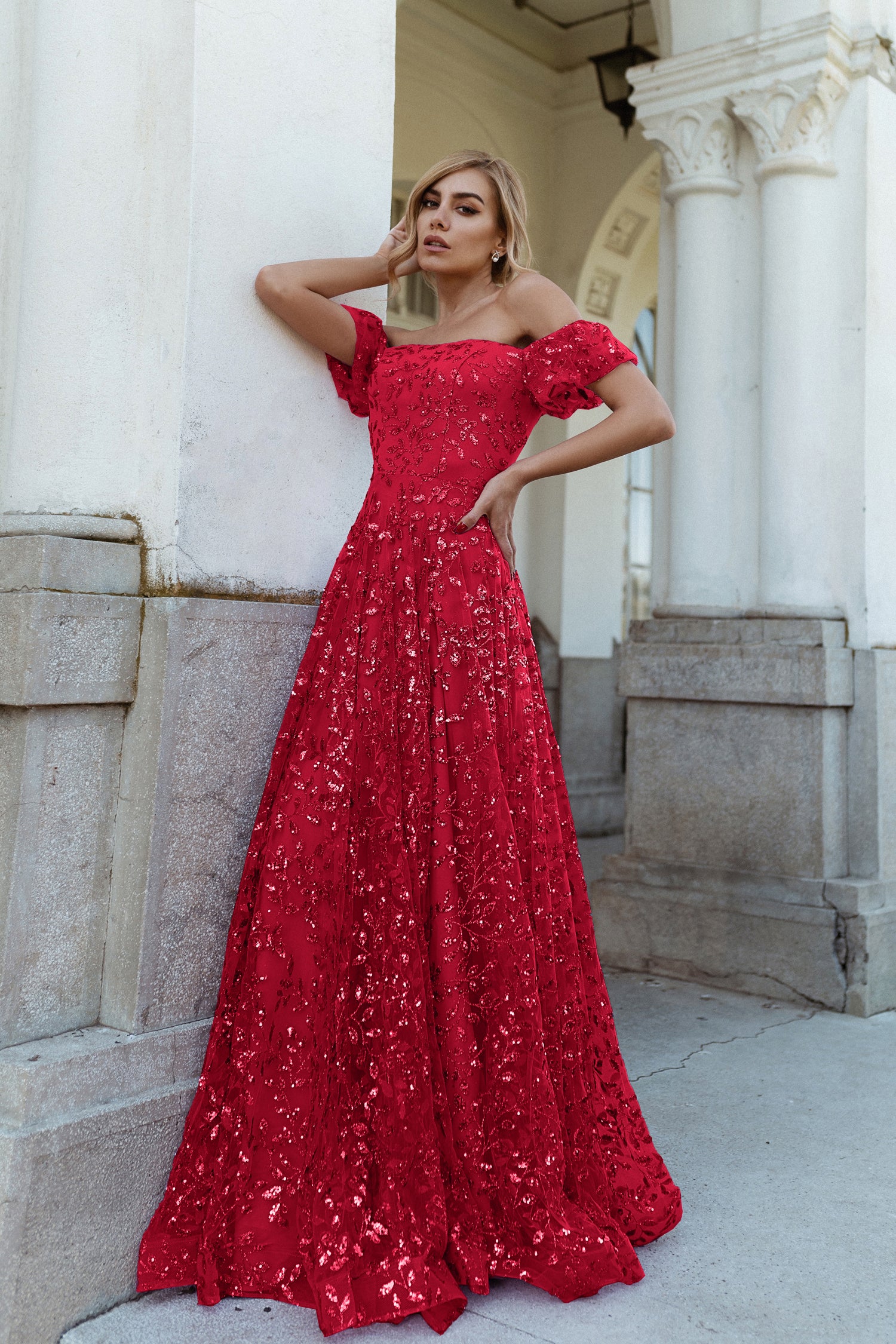 TINA HOLLY COUTURE TW023 Ruby Red ruffle sleeve formal dress, off-shoulder design, A-line silhouette. Brisbane to Gold Coast, Australia.