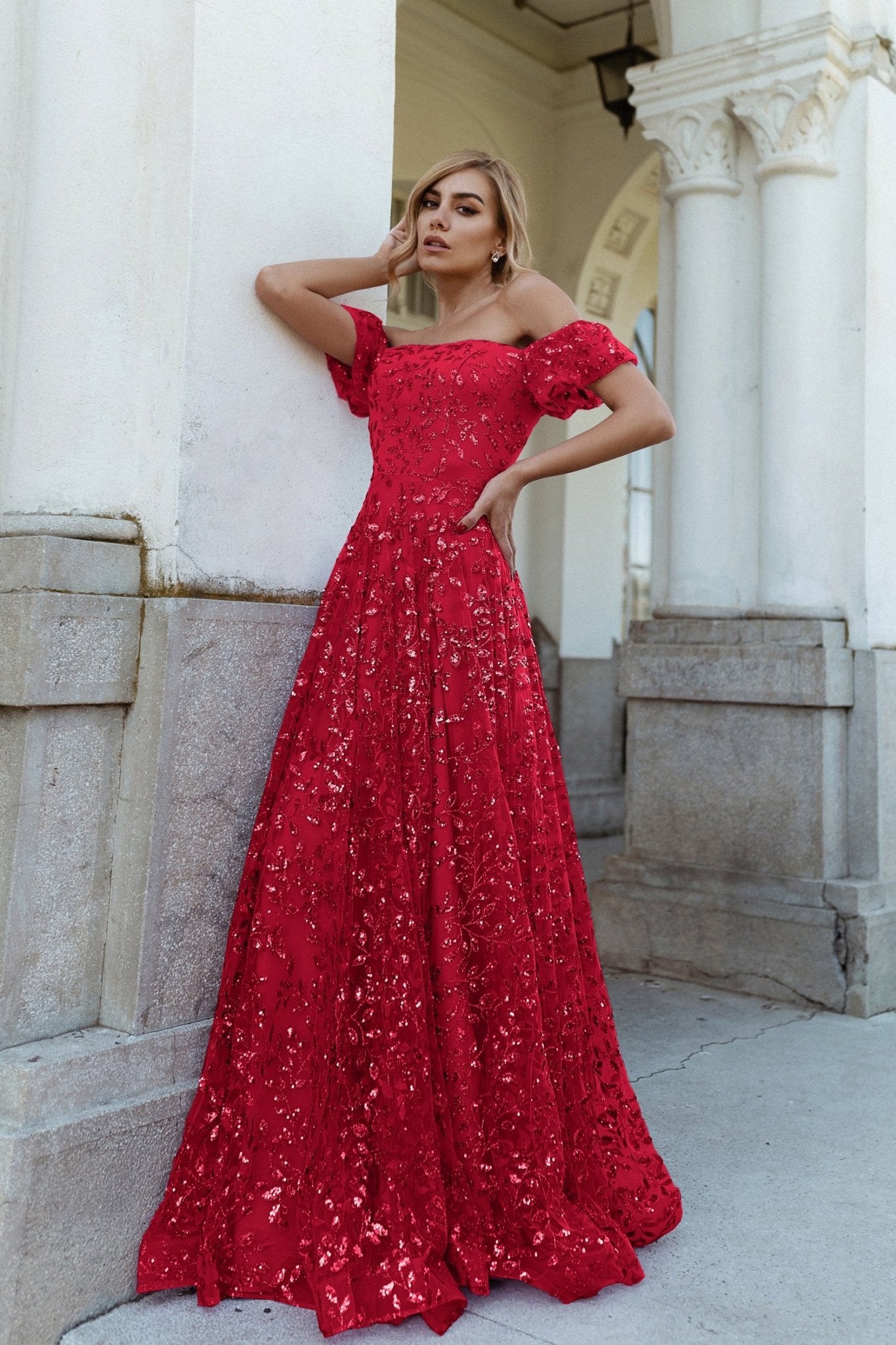 Tina Holly Couture TW023 Ruby Red Off Shoulder A Line Formal Dress Tina Holly Couture TW023 Ruby Red Off Shoulder A Line Formal Dress