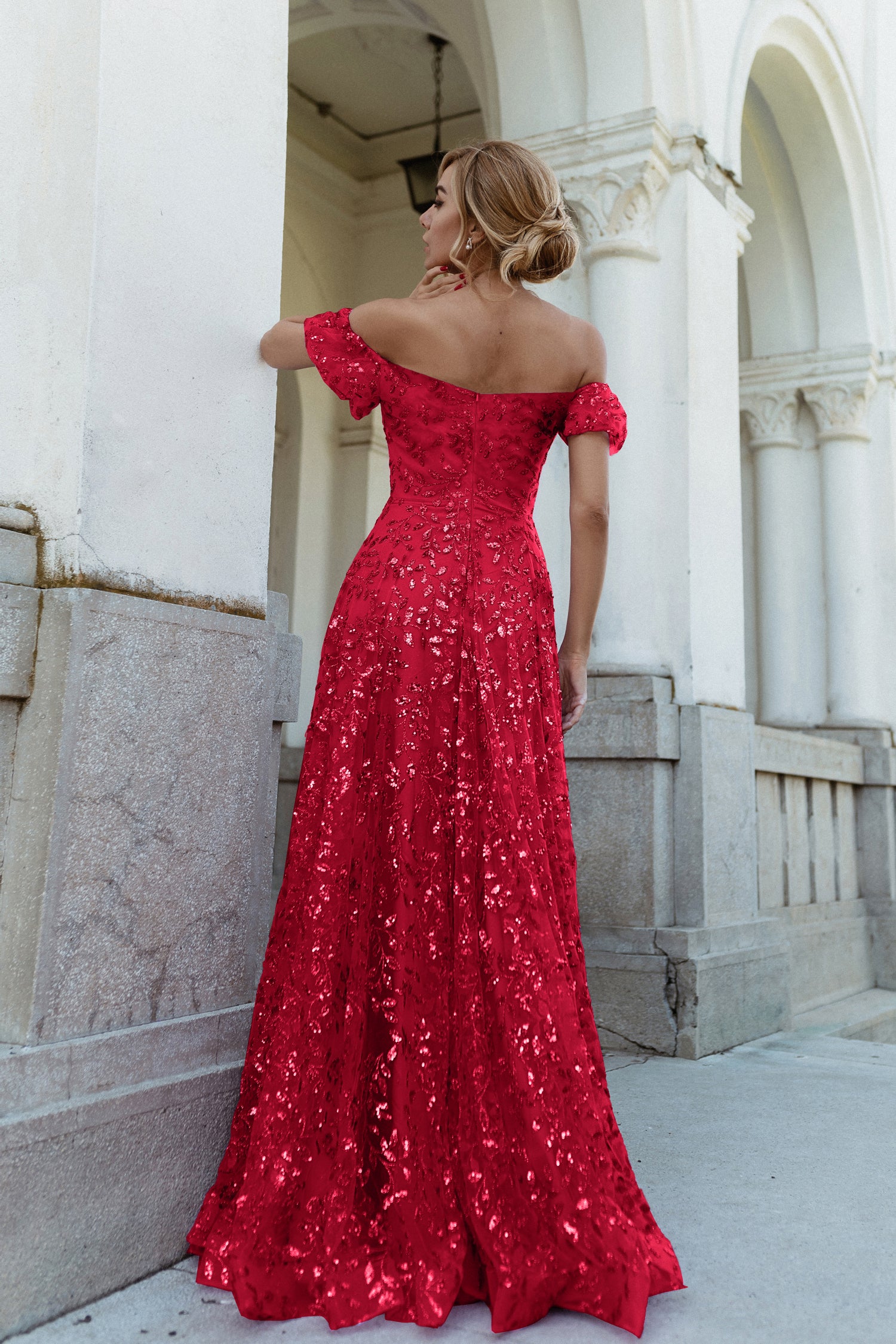TINA HOLLY COUTURE TW023 Ruby red lace off-shoulder formal dress, perfect for school events, Brisbane to Gold Coast, Australia