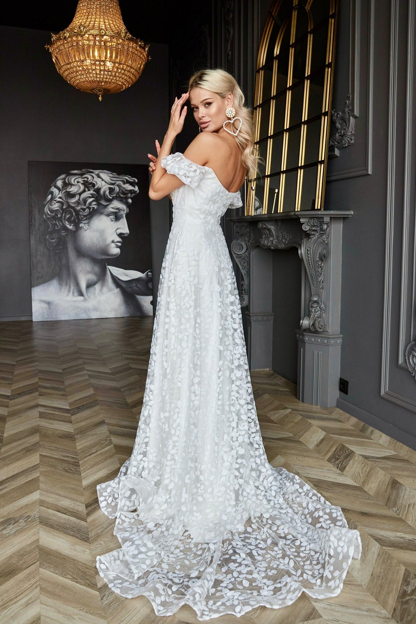 Tina Holly Couture TW023W White Off The Shoulder Lace Overlay Wedding Dress in Australia | One Honey Boutique