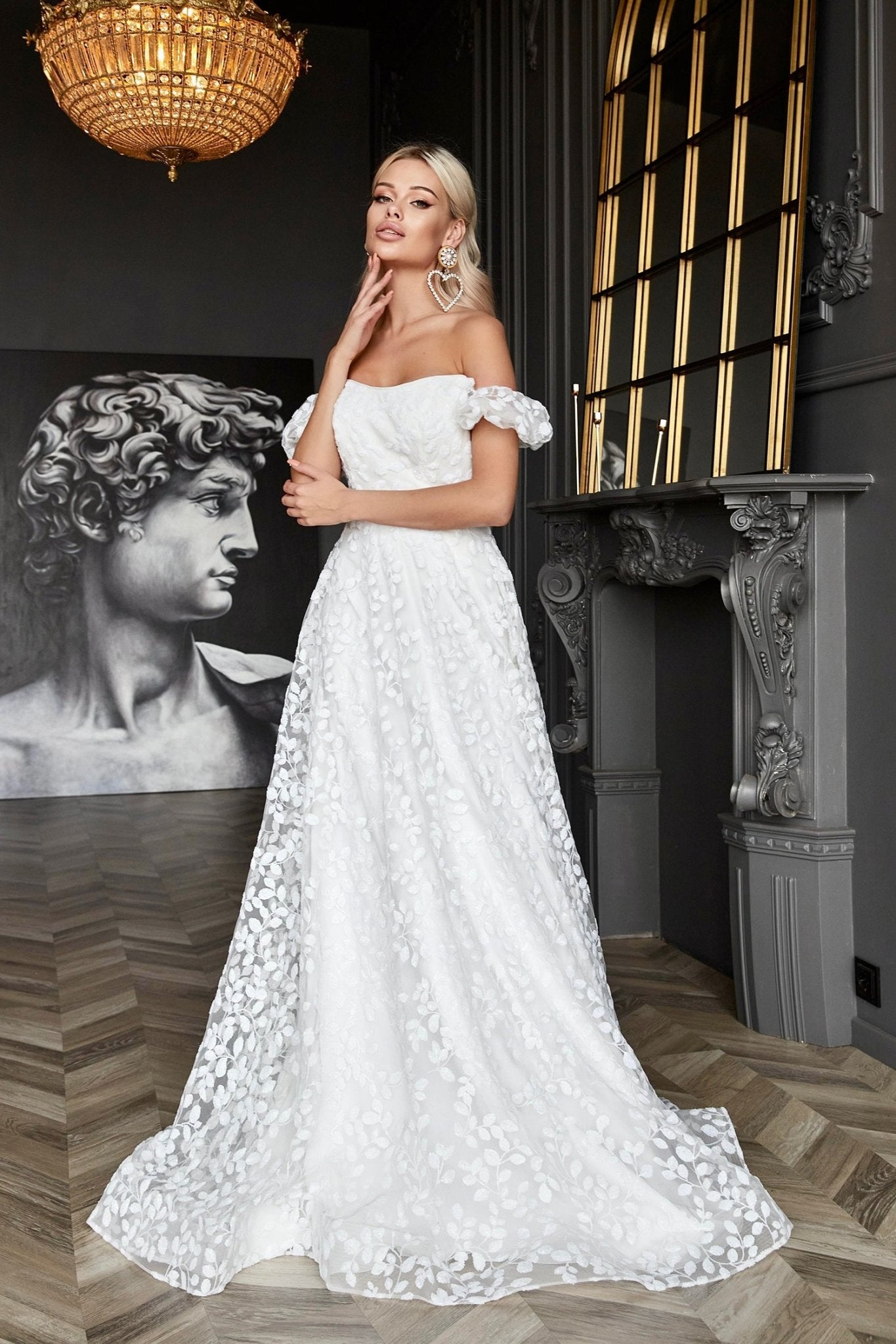 Tina Holly Couture TW023W White Off The Shoulder Lace Overlay Wedding Dress in Australia | One Honey Boutique