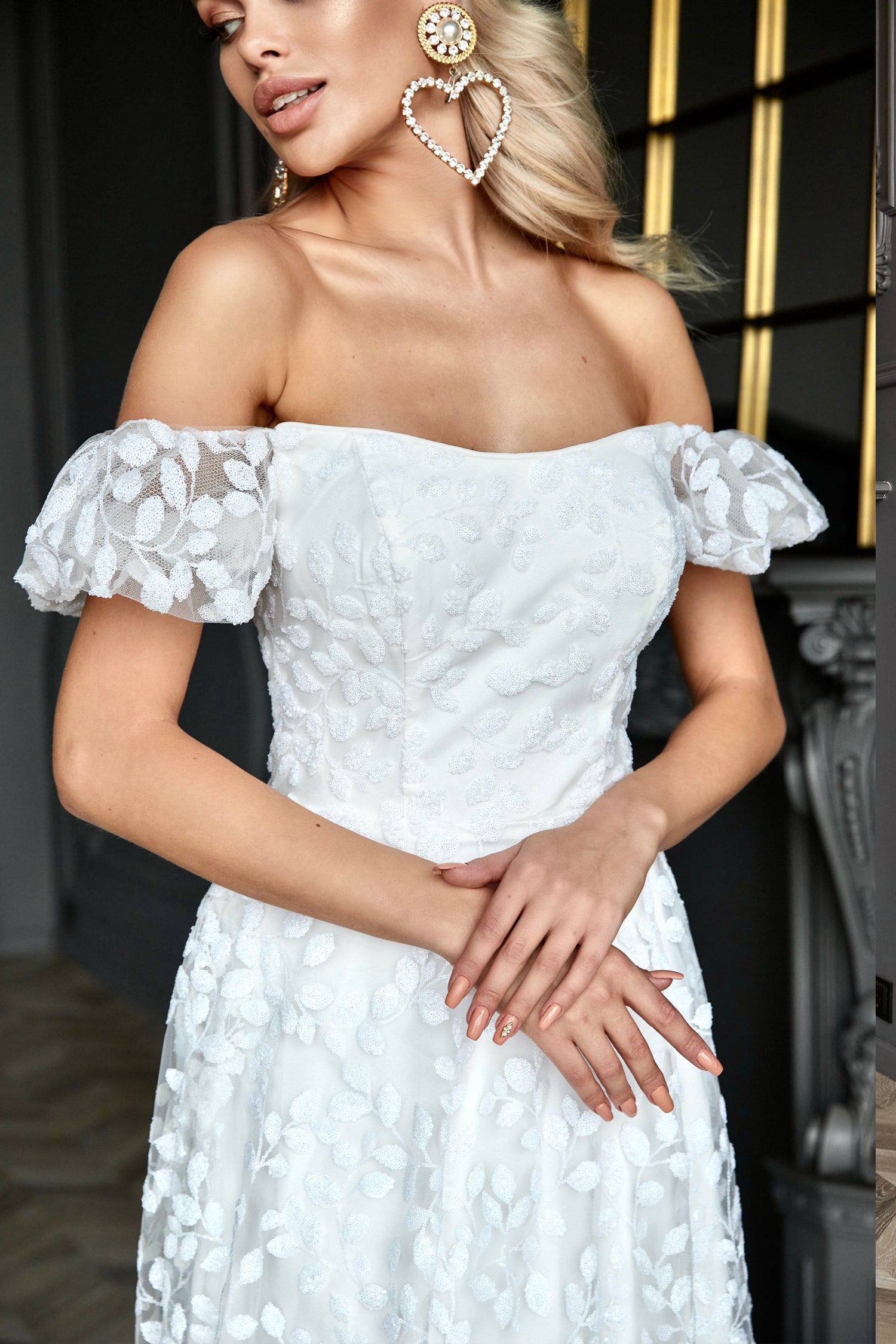TINA HOLLY COUTURE TW023W off-shoulder white lace overlay wedding dress with floral details, Brisbane to Gold Coast
