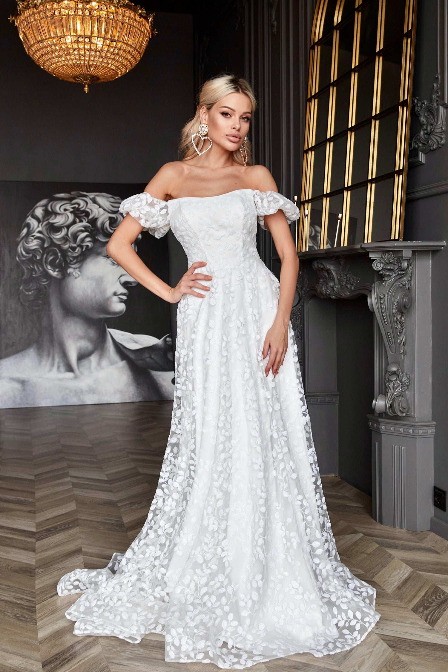 TINA HOLLY COUTURE TW023W white off the shoulder lace wedding dress with puff sleeves, stately ballroom setting, Brisbane to Gold Coast.