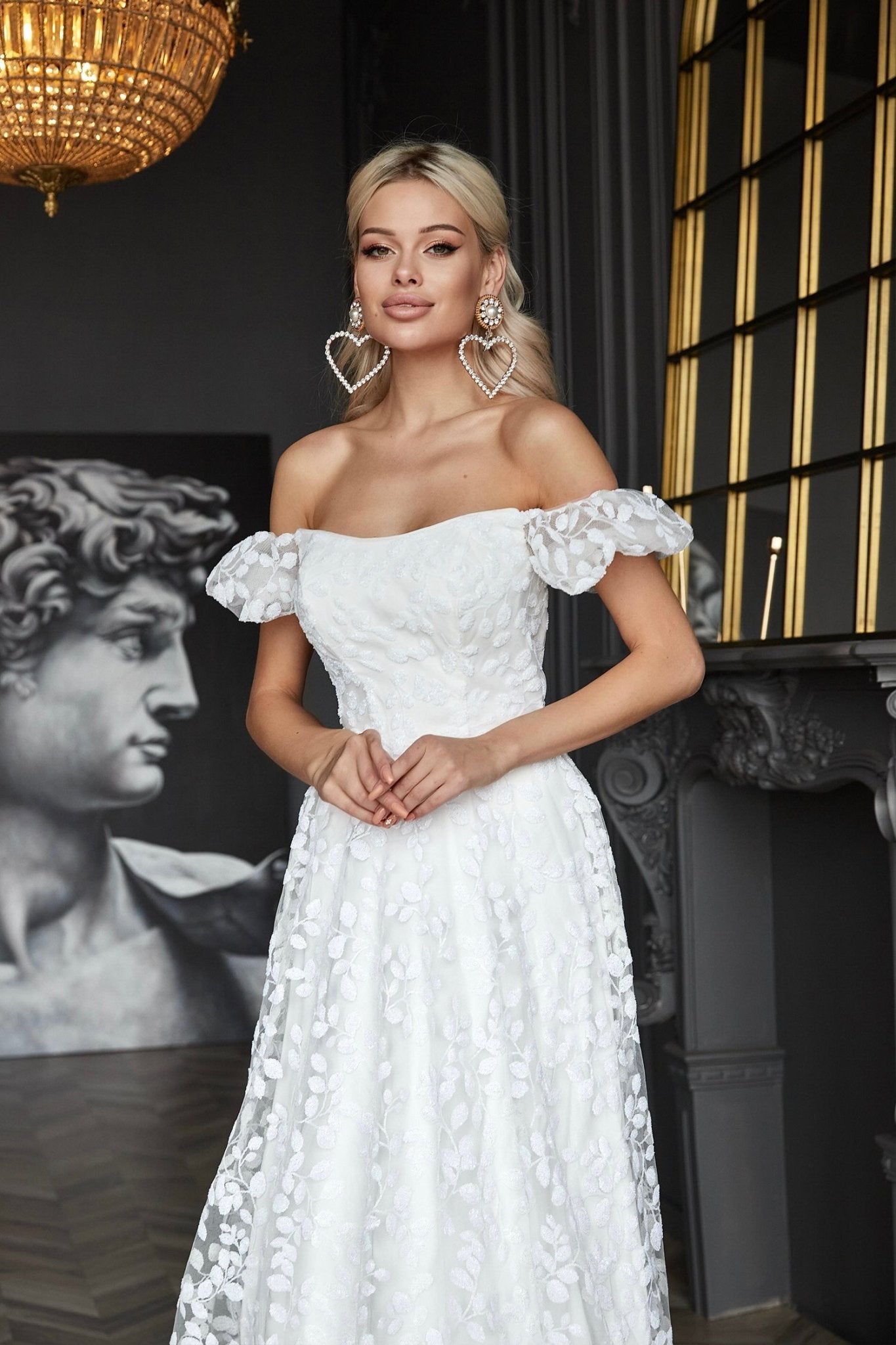 Tina Holly Couture TW023W White Off The Shoulder Lace Overlay Wedding Dress in Australia | One Honey Boutique