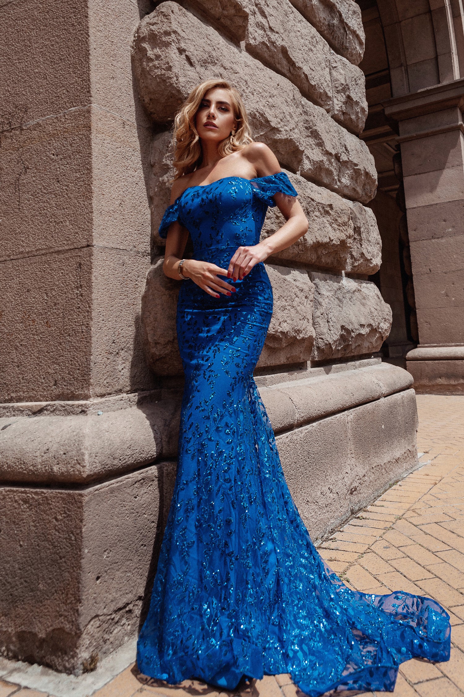 TINA HOLLY COUTURE TW024 royal blue glitter corset formal dress, mermaid style, Off Shoulder Ruffle Sleeve, Brisbane to Gold Coast