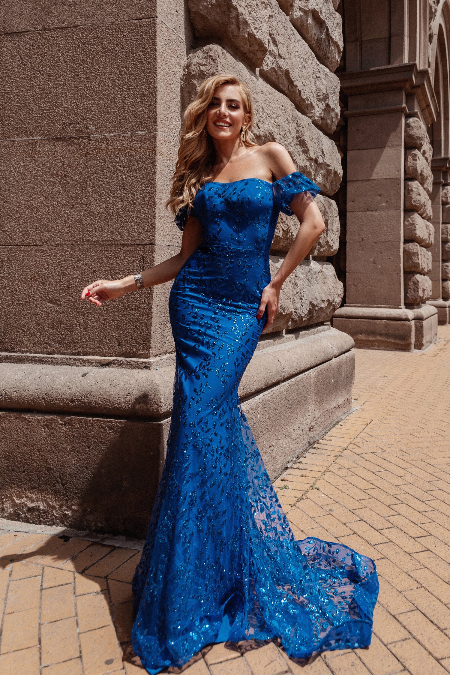 TW024 Royal Blue Glitter Mermaid Dress with Off Shoulder Ruffle Sleeves, Formal Gown, Brisbane to Gold Coast