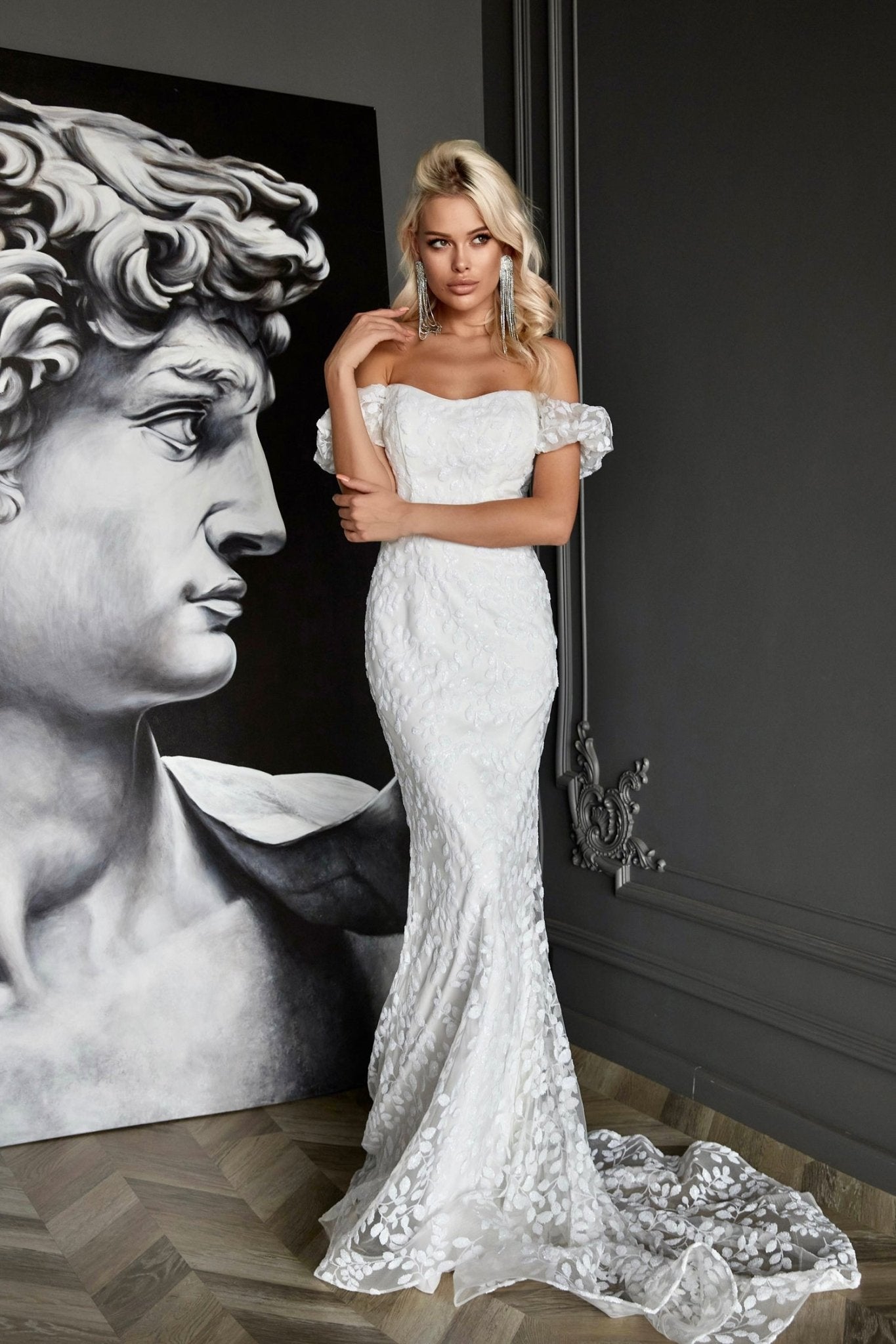 Tina Holly Couture TW024W White Off The Shoulder & Fitted Mermaid Wedding Dress in Australia | One Honey Boutique