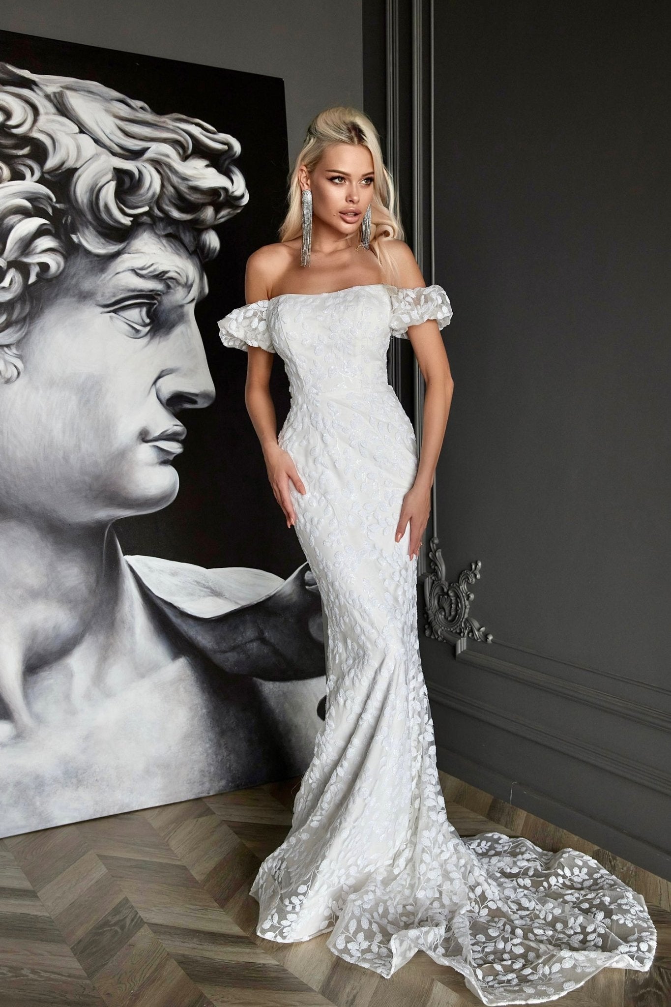Tina Holly Couture TW024W White Off The Shoulder & Fitted Mermaid Wedding Dress in Australia | One Honey Boutique