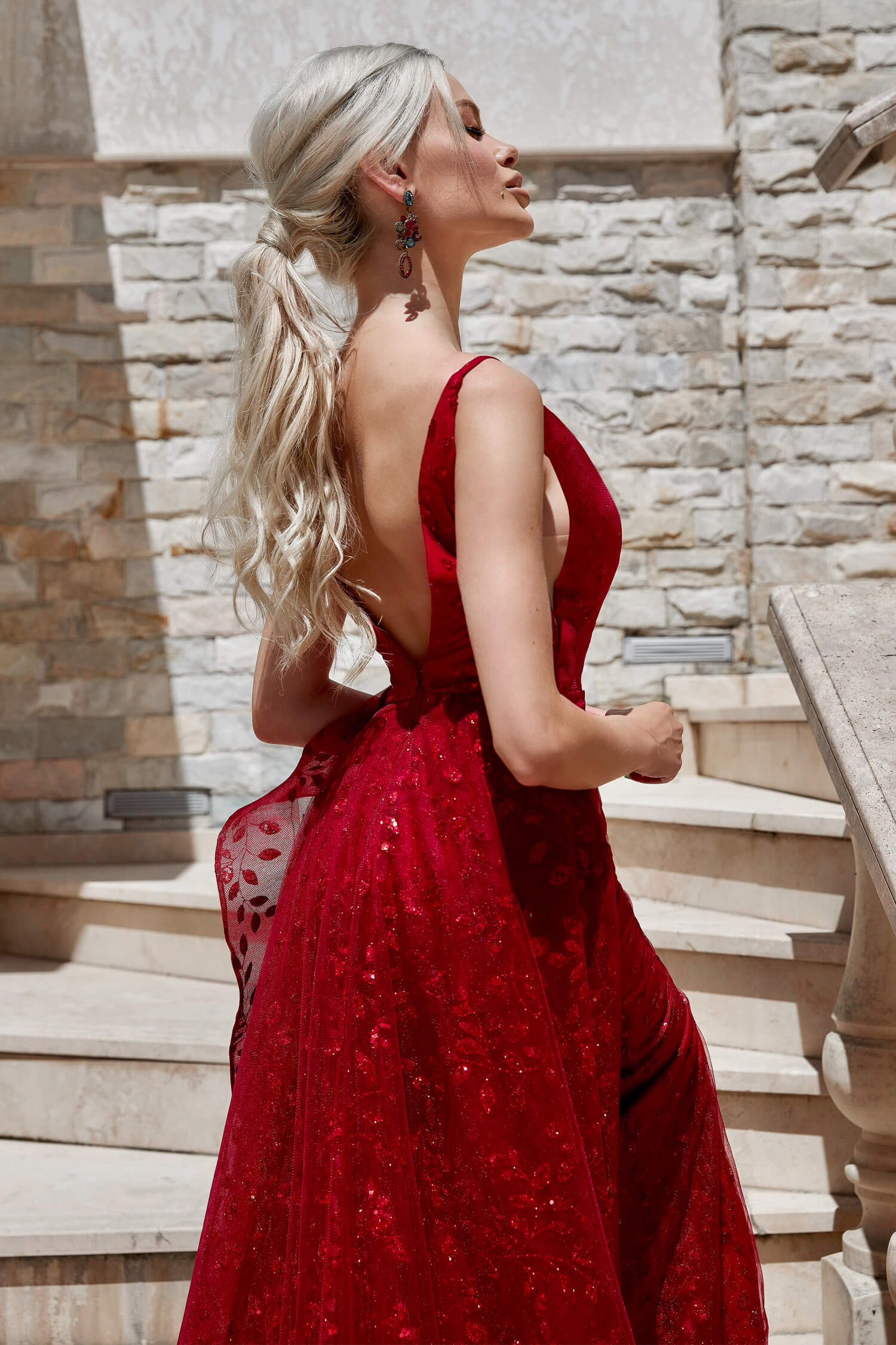TW025 ruby red glitter formal dress with low back and overskirt, school formal dress, Brisbane to Gold Coast, Australia.