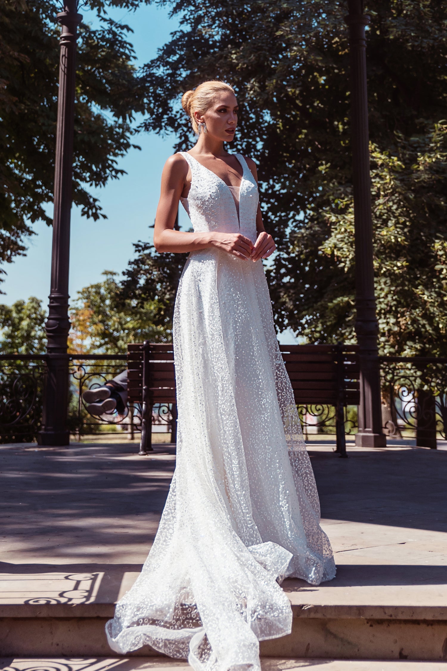 TW027B white lace A-line wedding debutant dress with V-front in sunlight. Elegant design by Tina Holly Couture. Brisbane to Gold Coast.