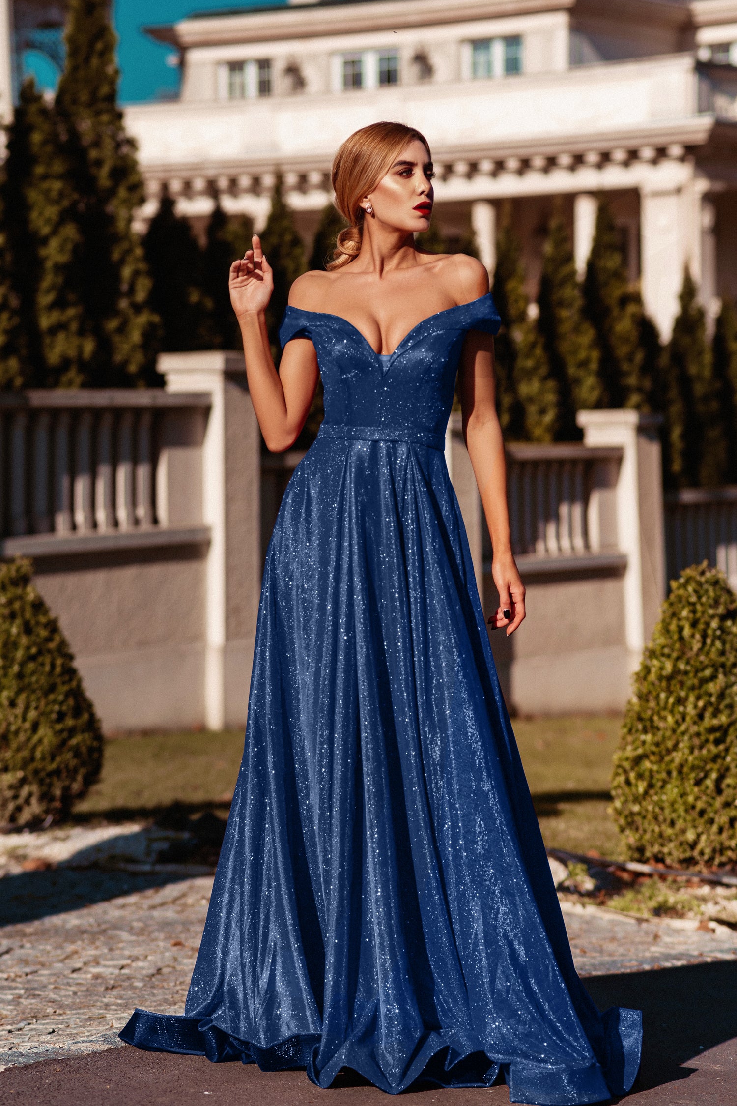 TINA HOLLY COUTURE TW028 indigo glitter formal dress with off-shoulder design, perfect school formal gown, Brisbane to Gold Coast.