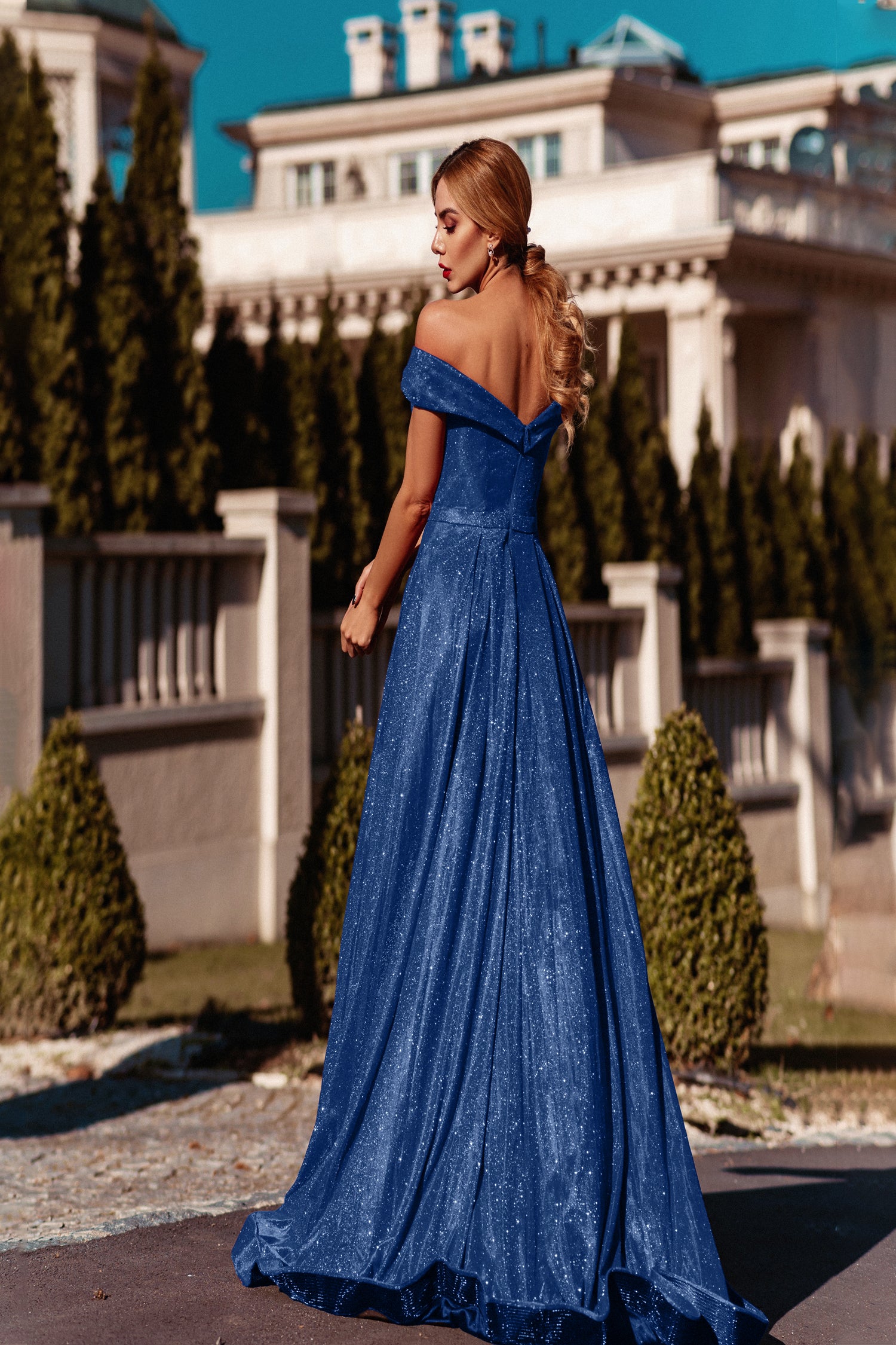 TINA HOLLY COUTURE TW028 Indigo glitter formal dress with over skirt, off-shoulder design. Perfect for school formal. Brisbane to Gold Coast, Australia.